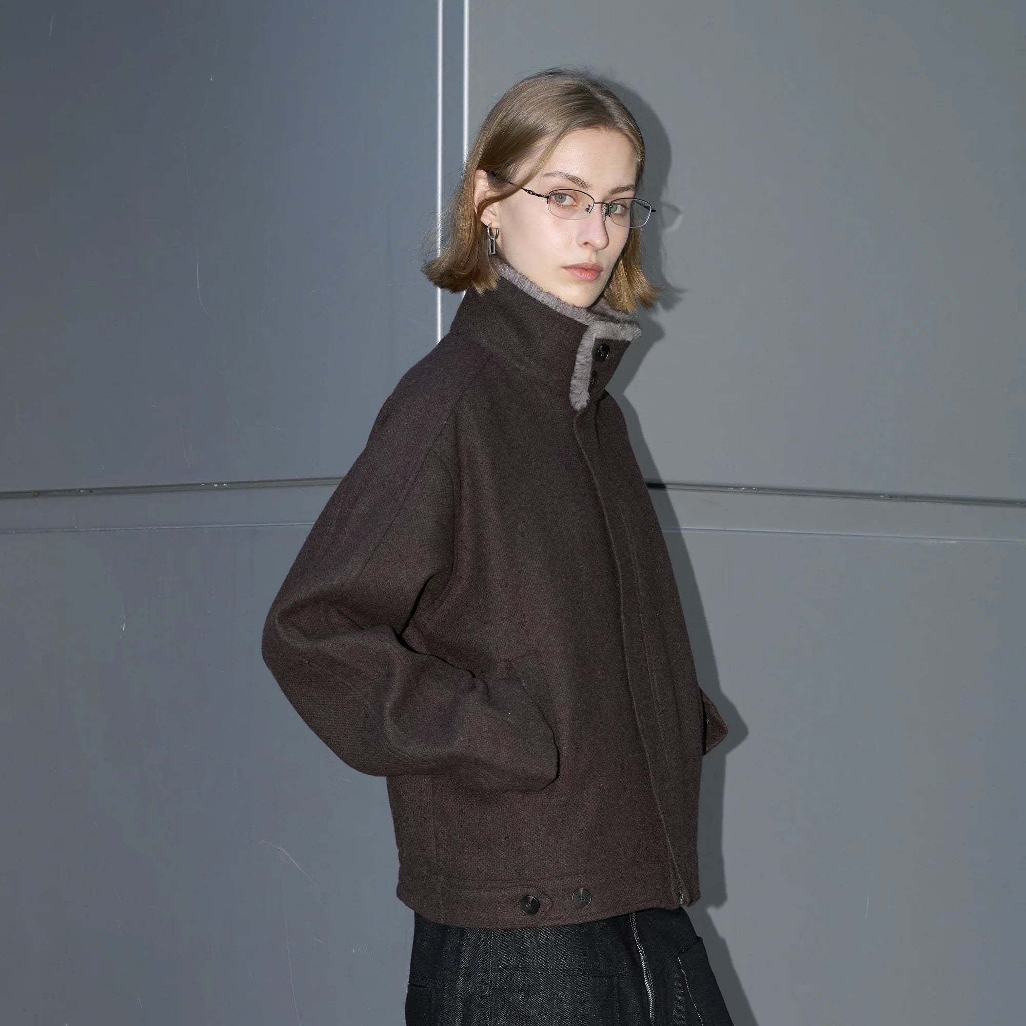LABELROOM Modern Faux-Fur Collar Wool Jacket Brown