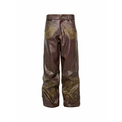 PCCVISION Gothic Skull Stitch PU Pants Brown