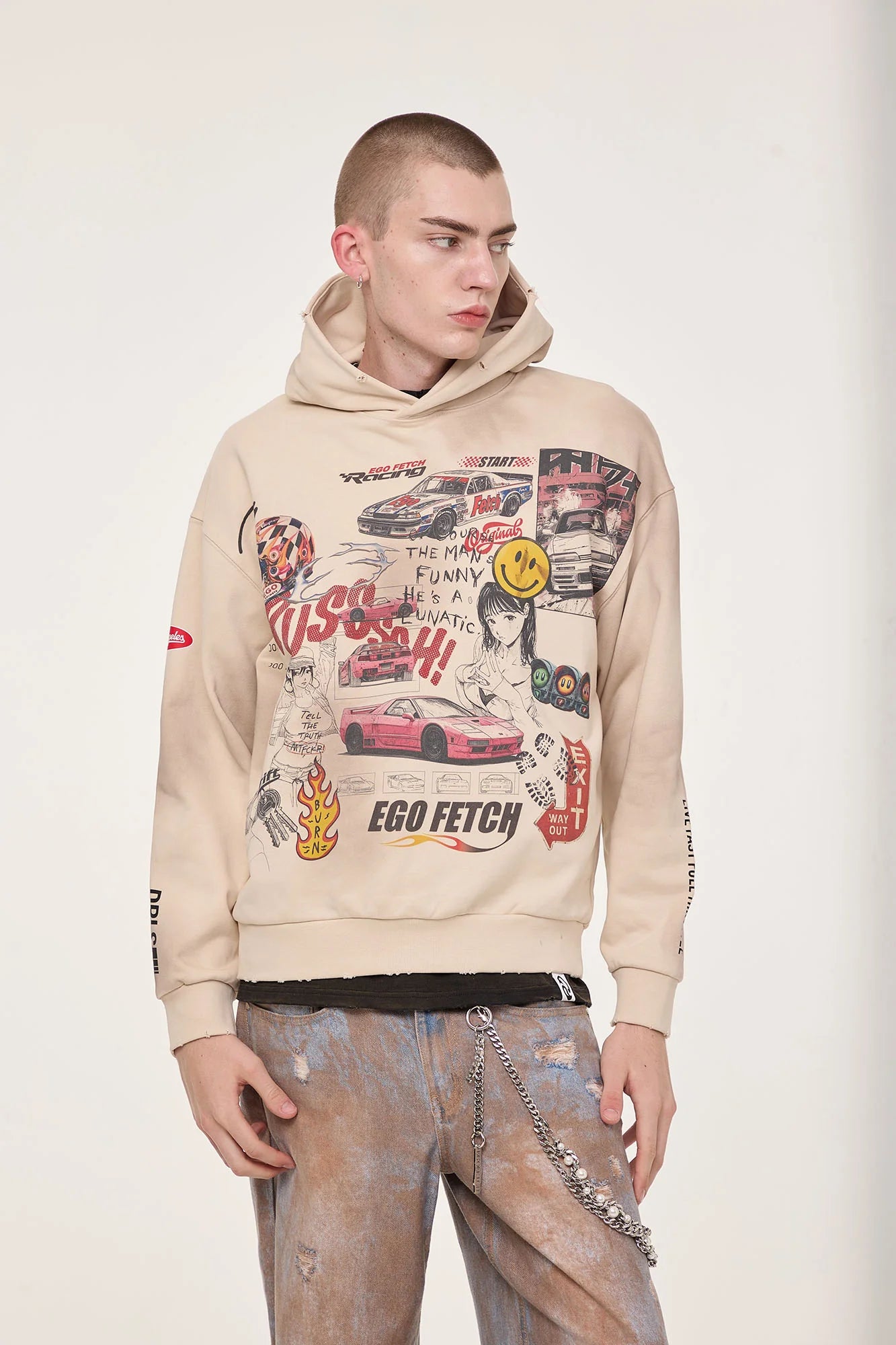 EGOFETCH Distressed Racing Anime Graphic Hoodie