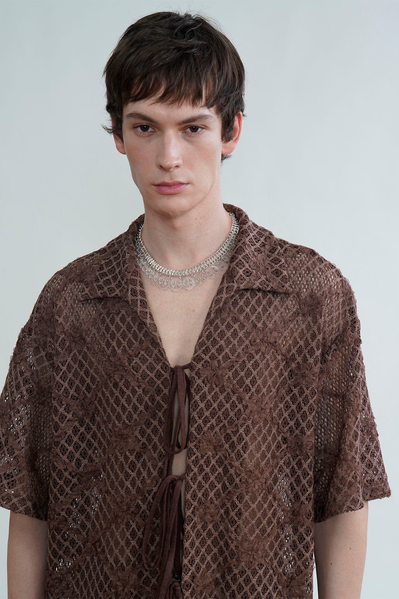 ORAL UTOPIA Crochet Tie-Front Sheer Cuban Half Shirt