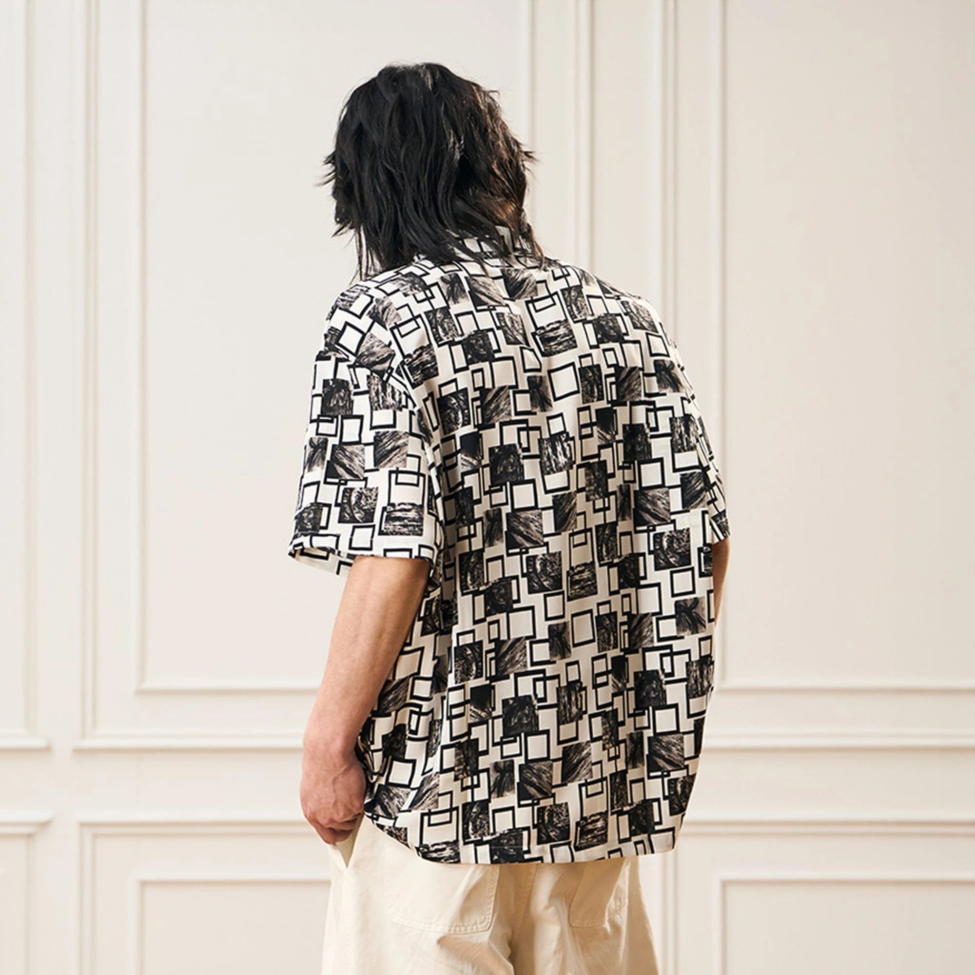 EPIC POETRY Monochrome Collage Grid Cuban Half Shirt
