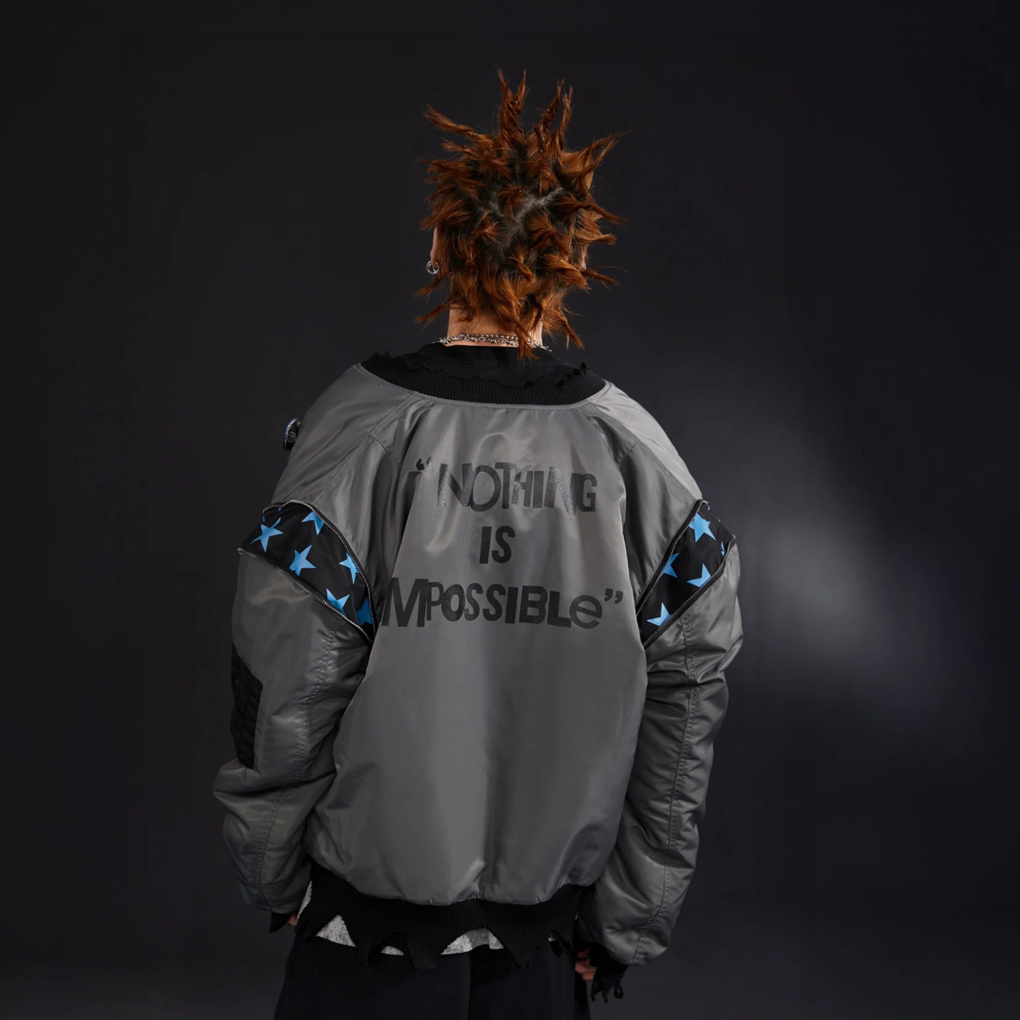 VENTUREK Retro Zipper-Spliced Raw Edge Bomber Jacket