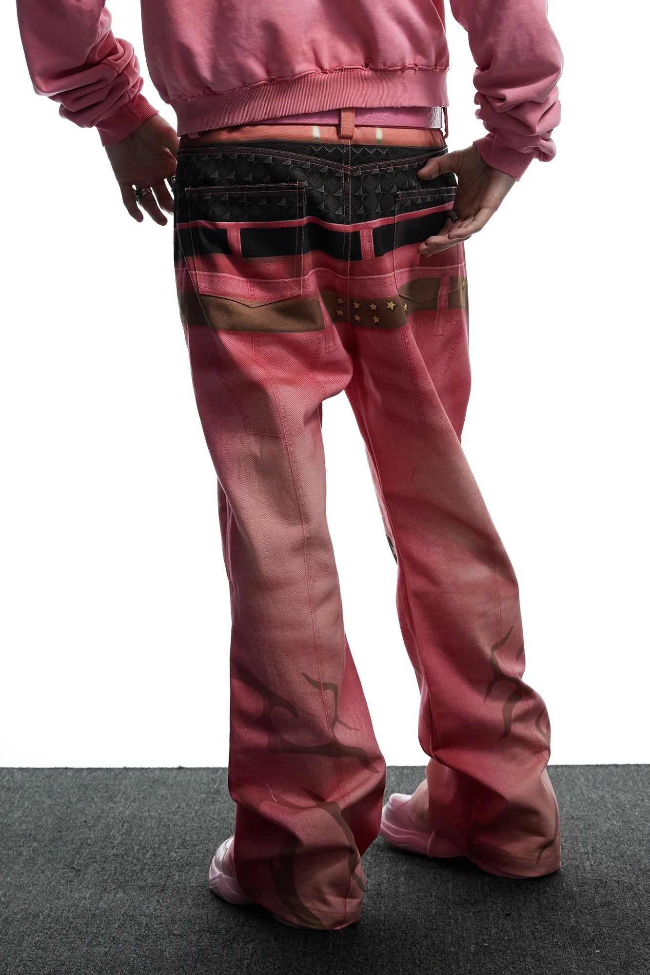 DND4DES Distressed Print Double-Waist Flare Jeans Pink