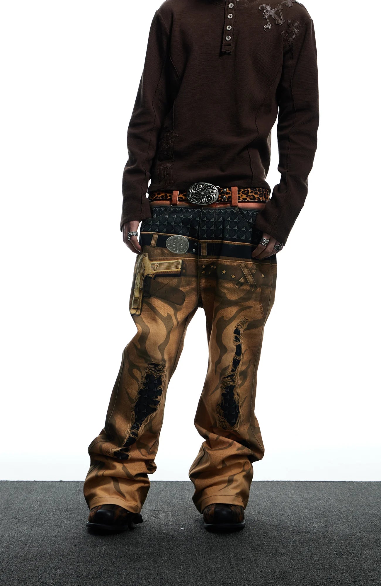 DND4DES Distressed Print Double-Waist Flare Jeans Khaki