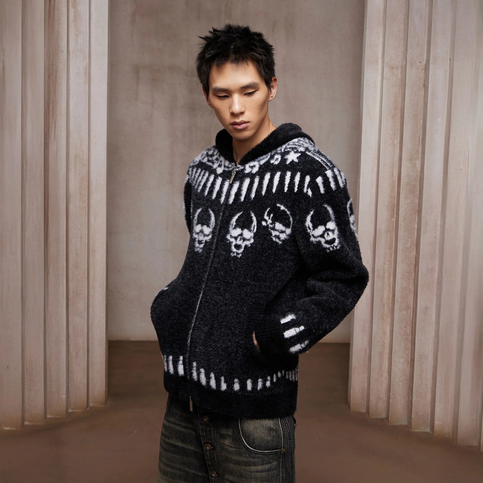 DND4DES Faux Mink Skull Jacquard Hooded Jacket