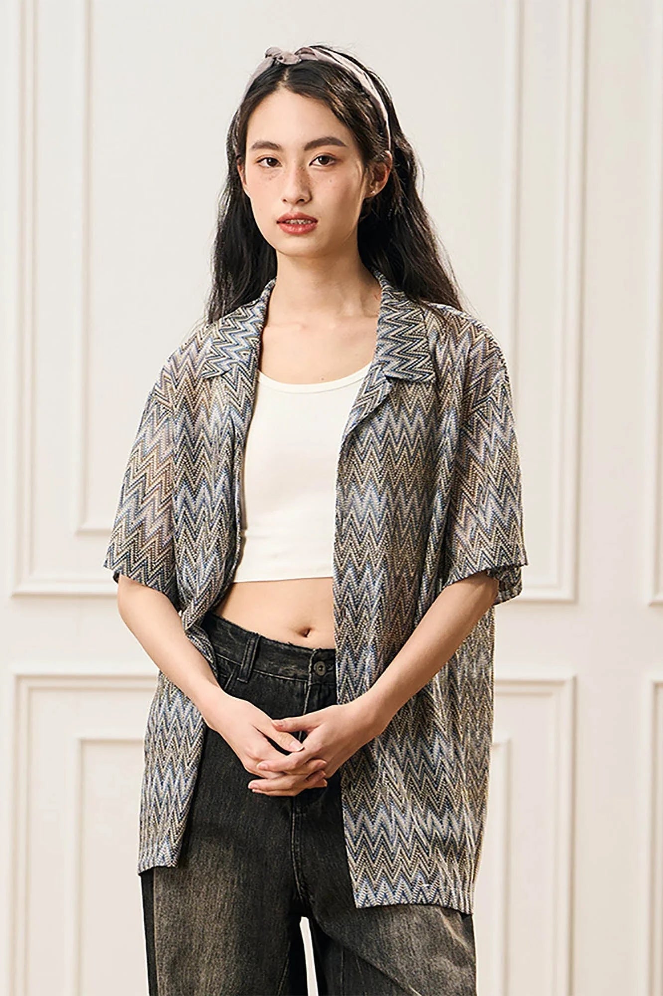 EPIC POETRY Geometric Ripple Knitted Half Shirt Sandstone
