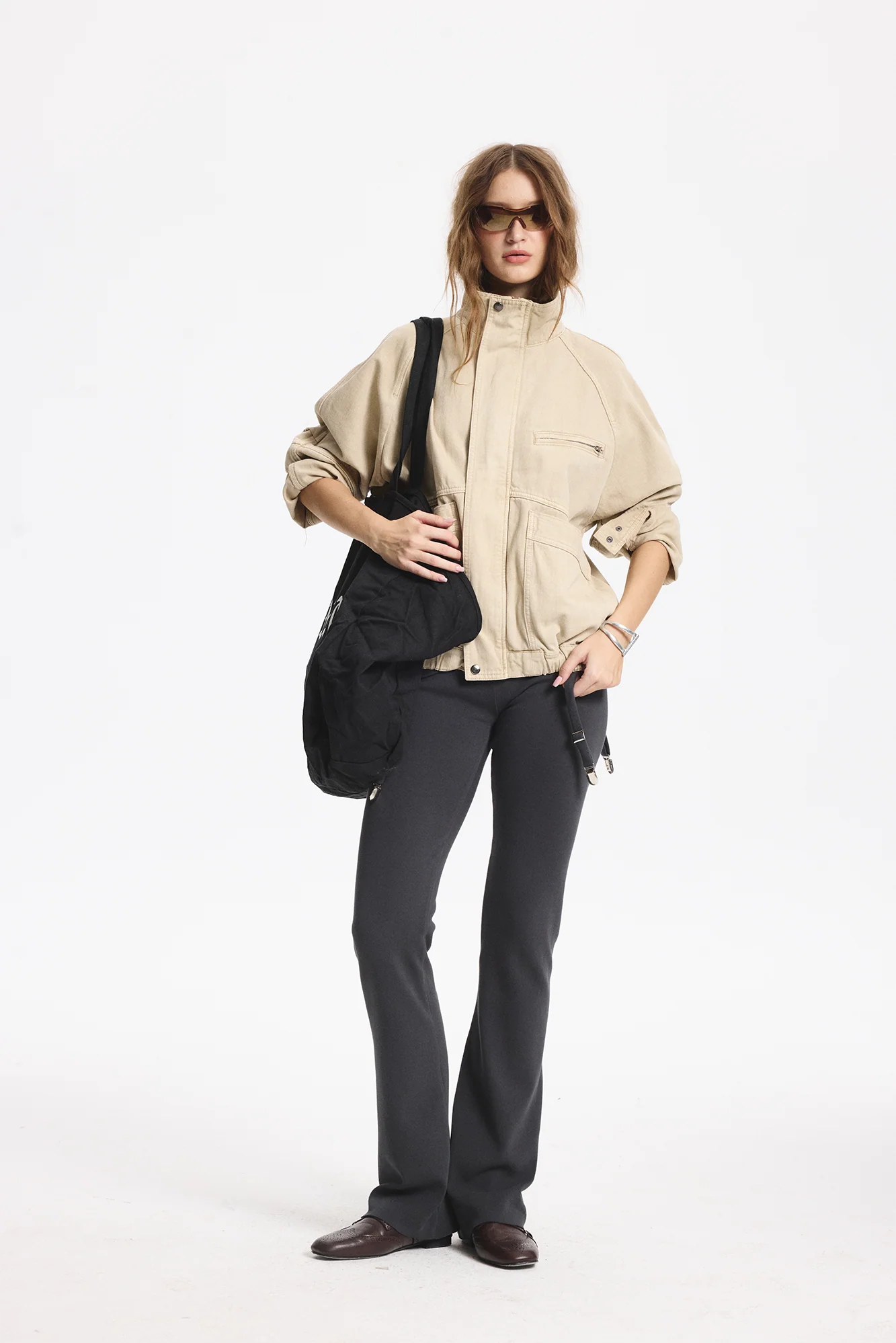 LEONSENSE Utility Raglan Stand-Collar Denim Jacket