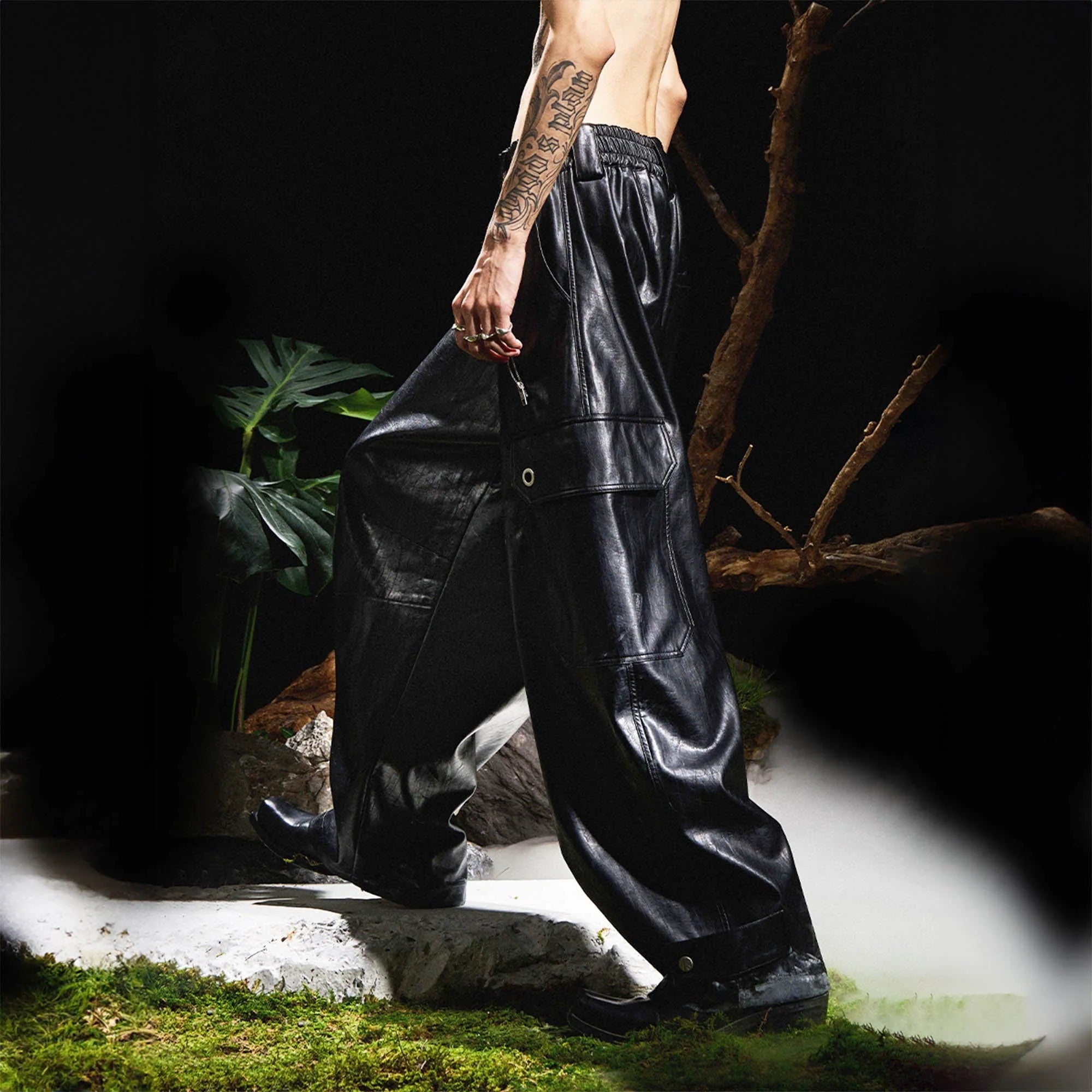 RELABEL Multi-Pocket Pleated Faux Leather Wide-Leg Pants