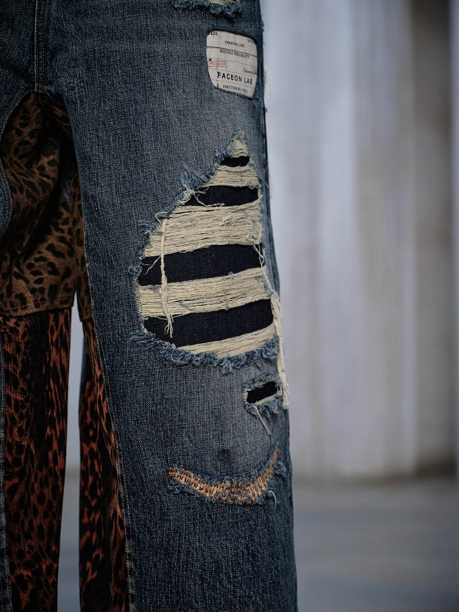 FACEONLAB Distressed Patch Leopard Paneled Jeans
