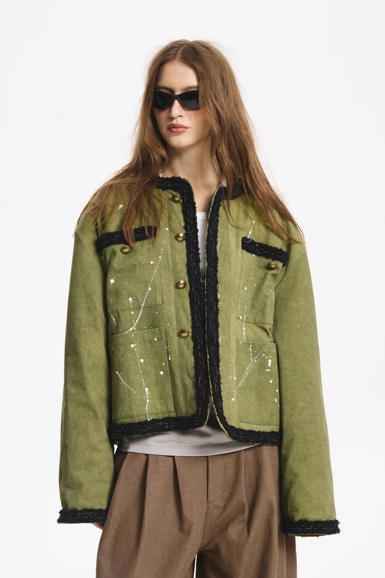 LEONSENSE Paneled Fleece Trim Paint-Splattered Jacket