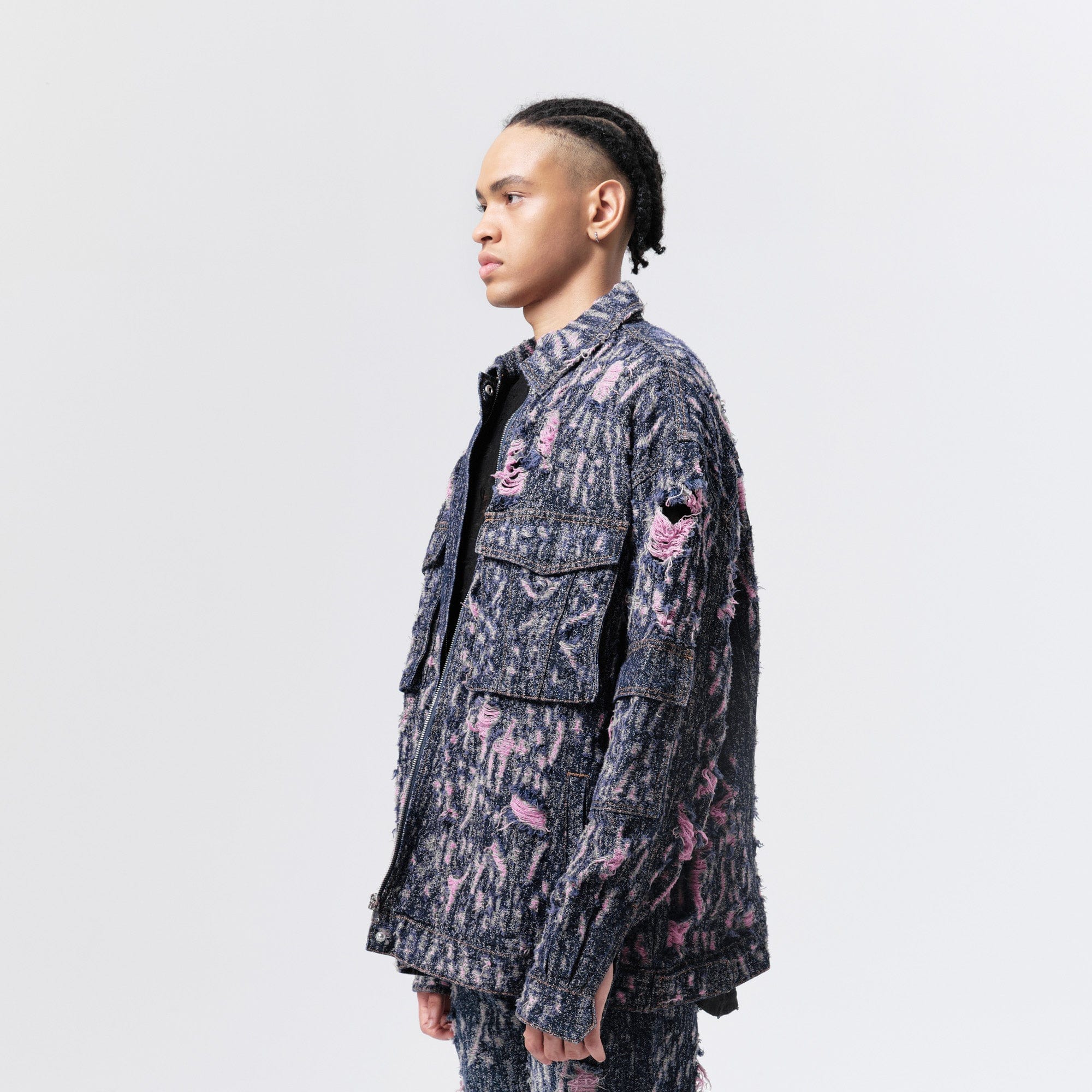 VANN VALRENCE Distressed Embroidered Multi-Pockets Denim Jacket