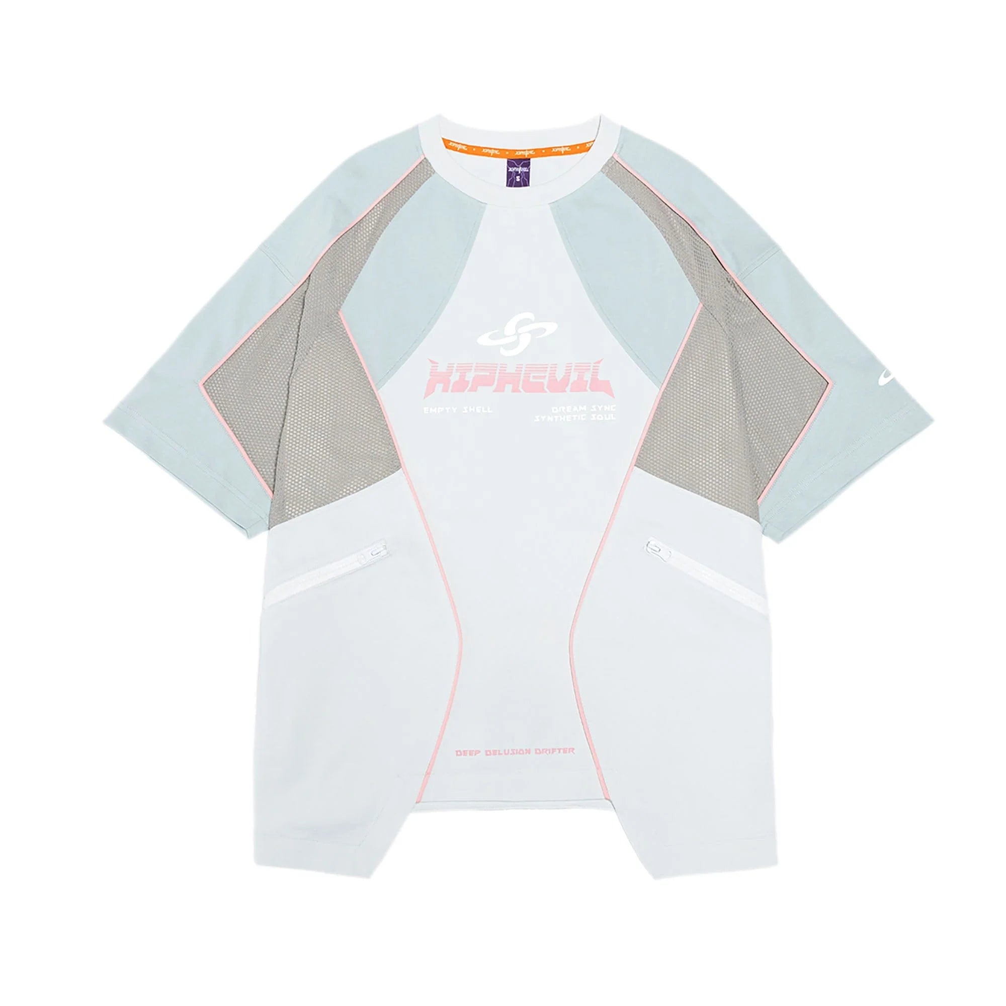 XIPHEVIL Contrast Paneled Mesh Zip-Pocket Raglan T-Shirt Ice