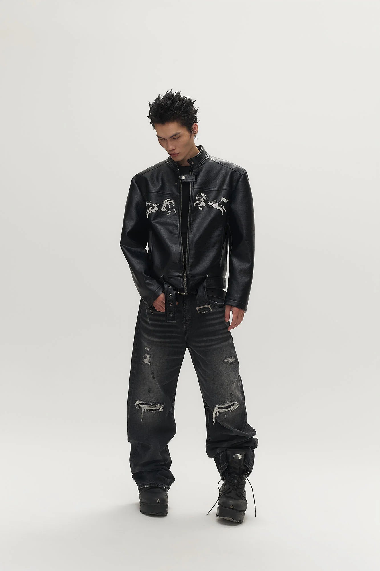 SAVAGEGROWTHWORLD Horse Patch Faux Leather Moto Jacket