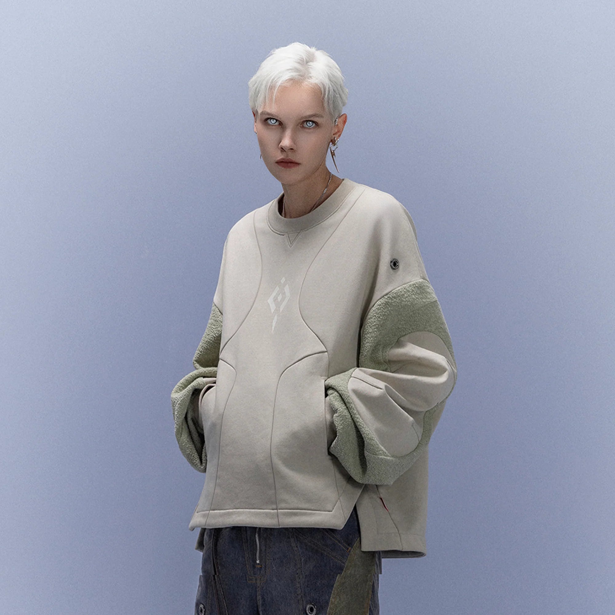 XIPHEVIL Utility Paneled Crewneck Sweatshirt Green