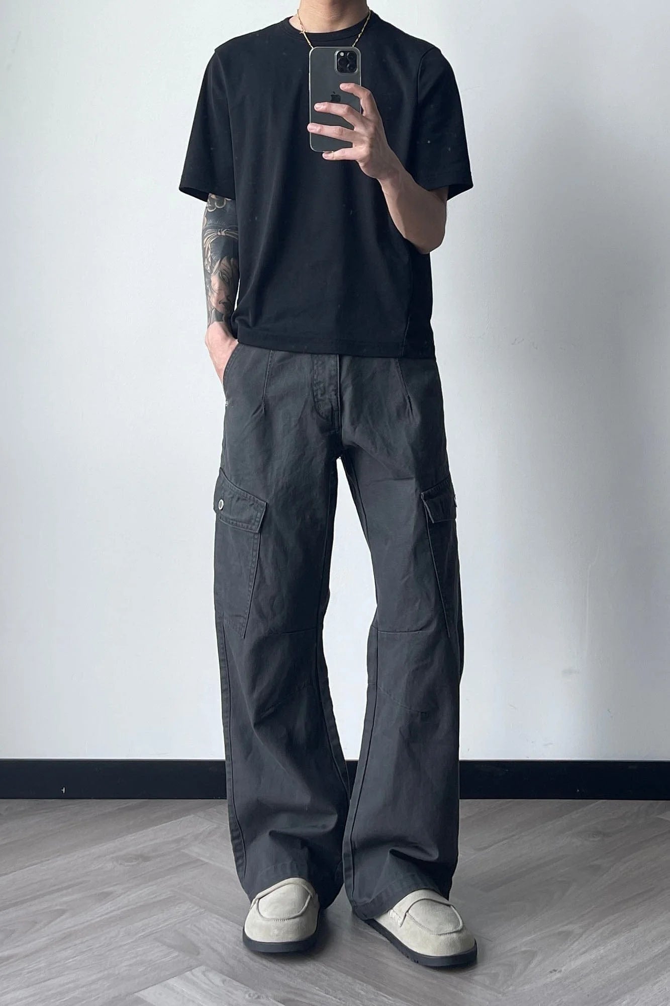 OKAYTHXBYE Washed Button Flap-Pocket Cargo Pants