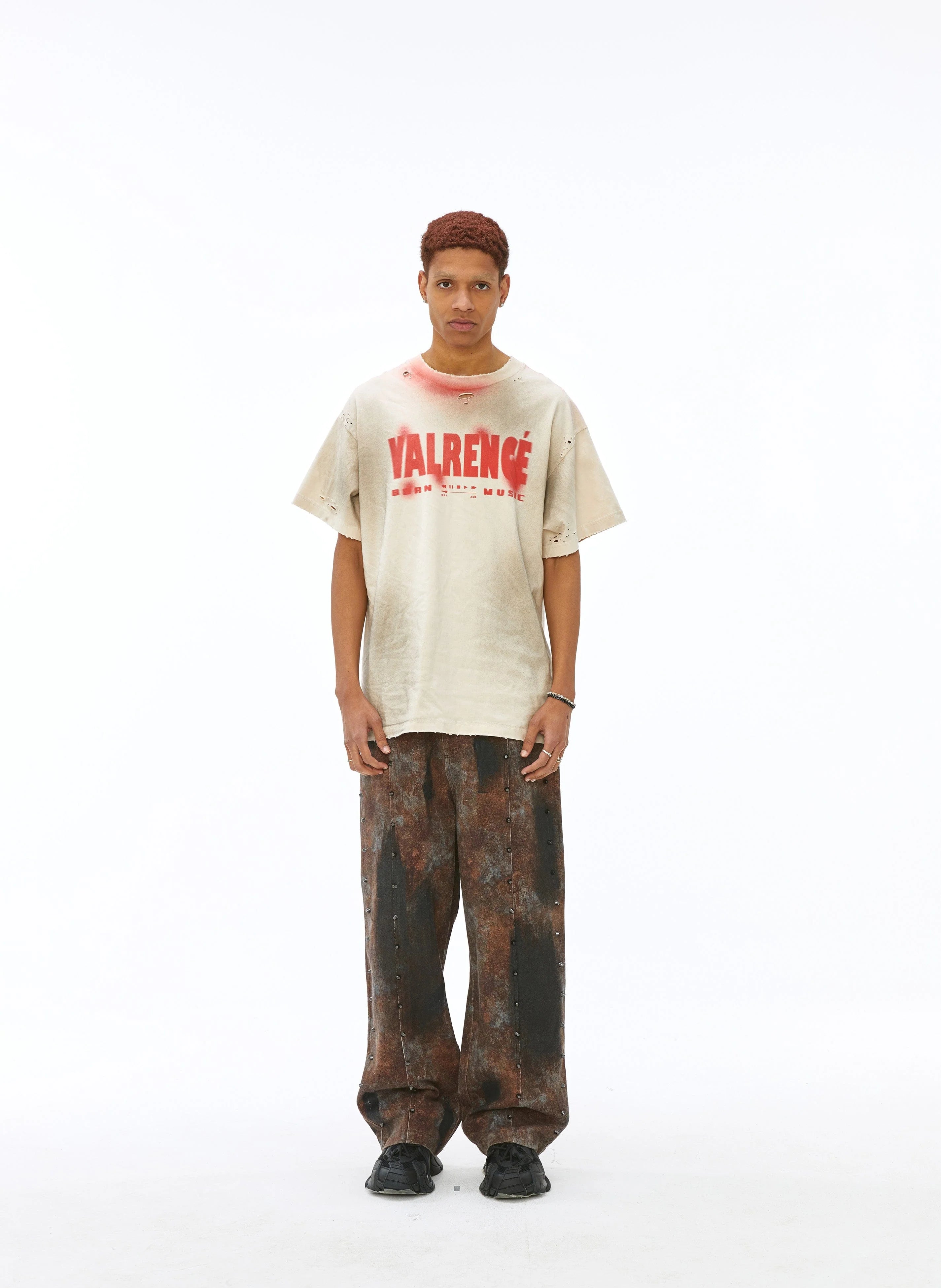VANN VALRENCE Distressed Washed Spray Faded LOGO T-Shirt