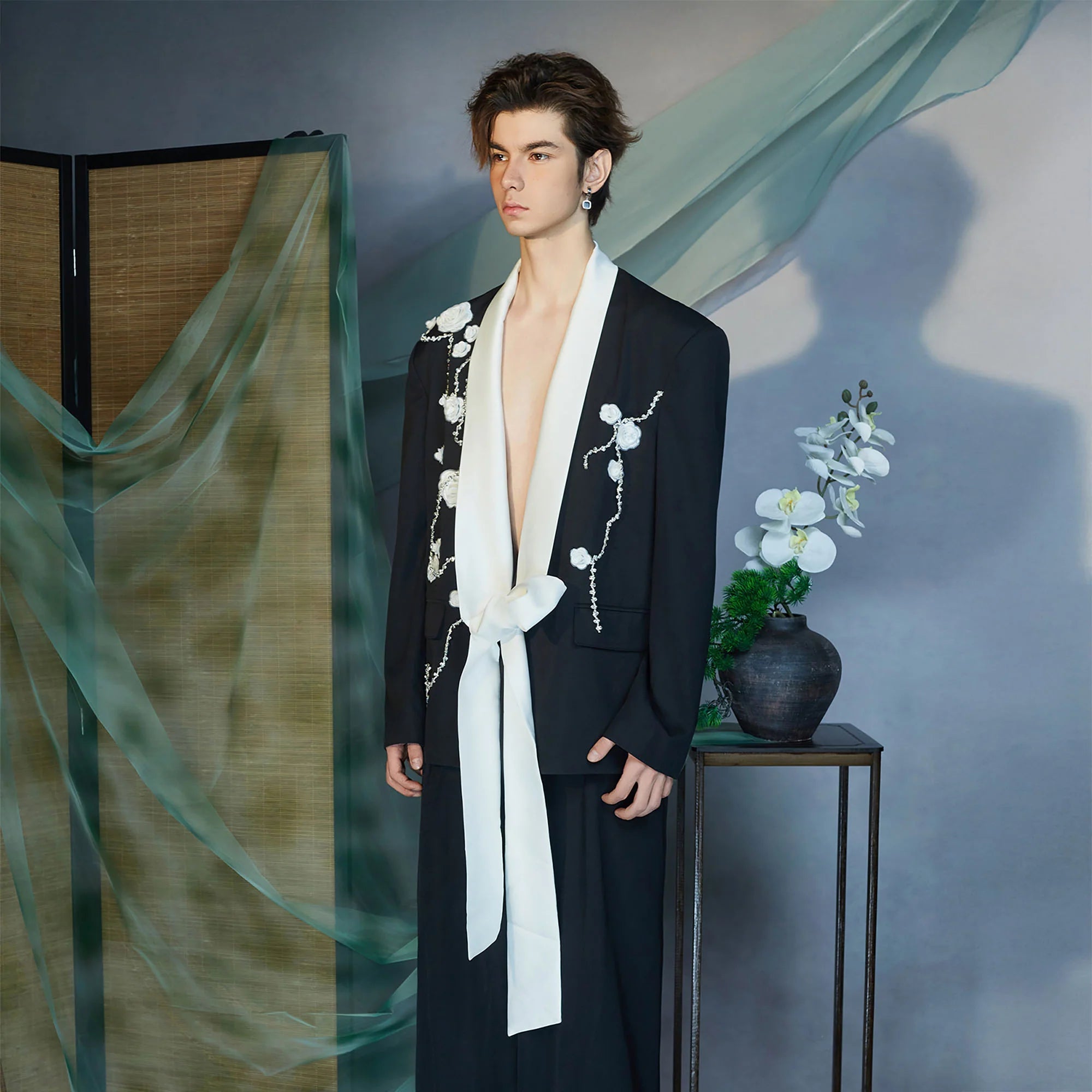 JIECHI Floral Embroidered Sash Tie Blazer