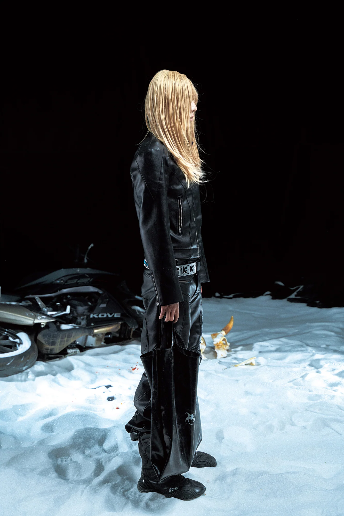 PCCVISION Pleated Knee Flare Faux Leather Pants