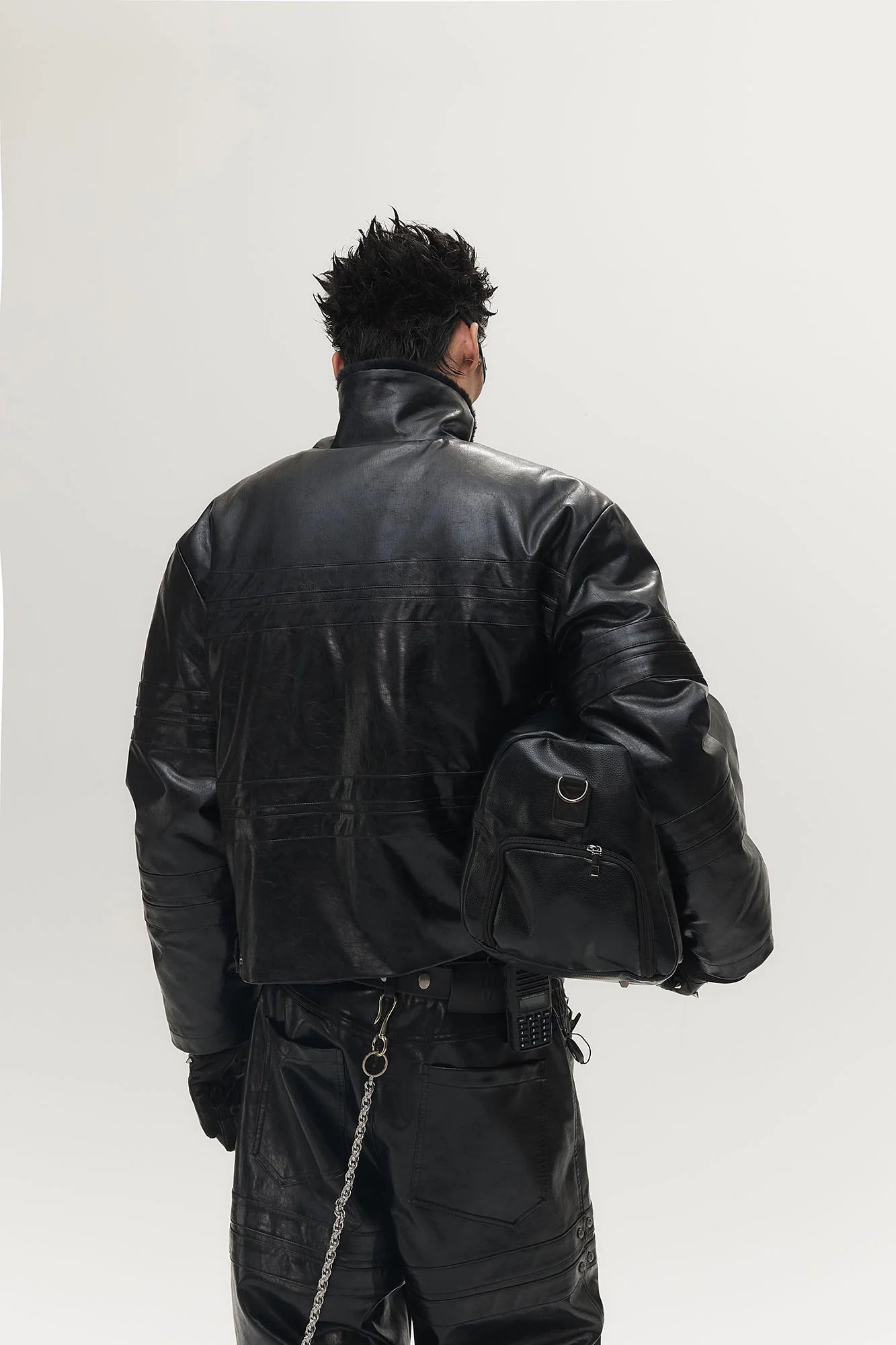 SAVAGEGROWTHWORLD Hook Buckle Faux Leather Puffer Jacket