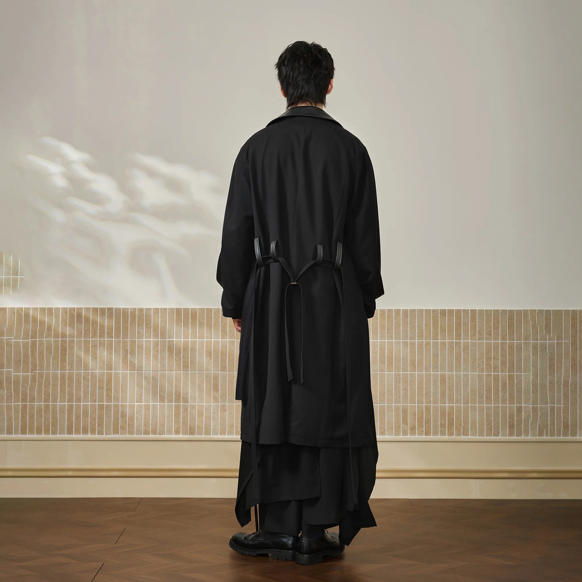 MOITIEDEPETALE Leather Paneled Belted Oversized Trench