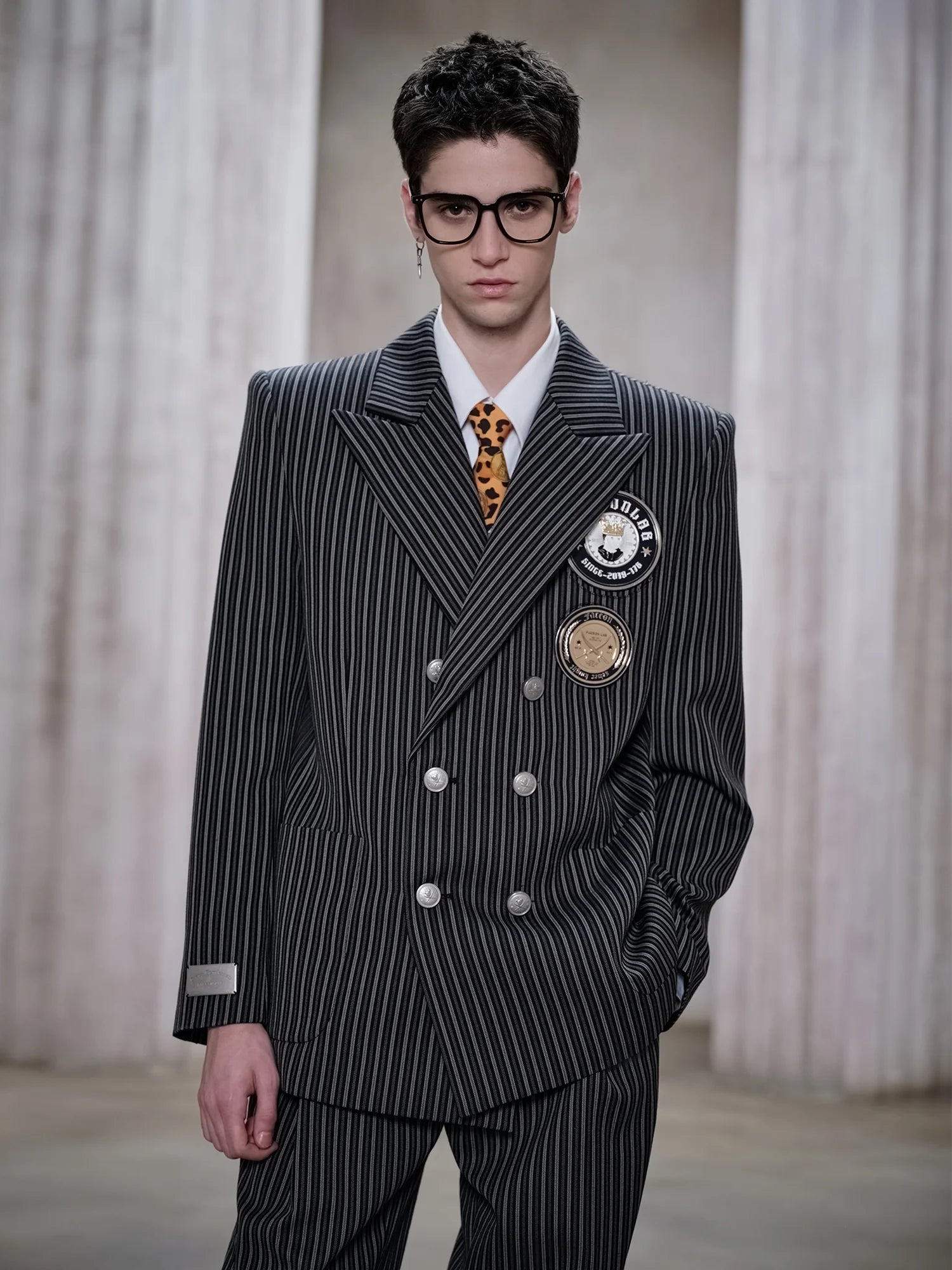 FACEONLAB Stripe Badge-Patch Double-Breasted Jacket