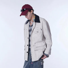 ASSEEN Distressed Panel Leather Collar Barn Jacket