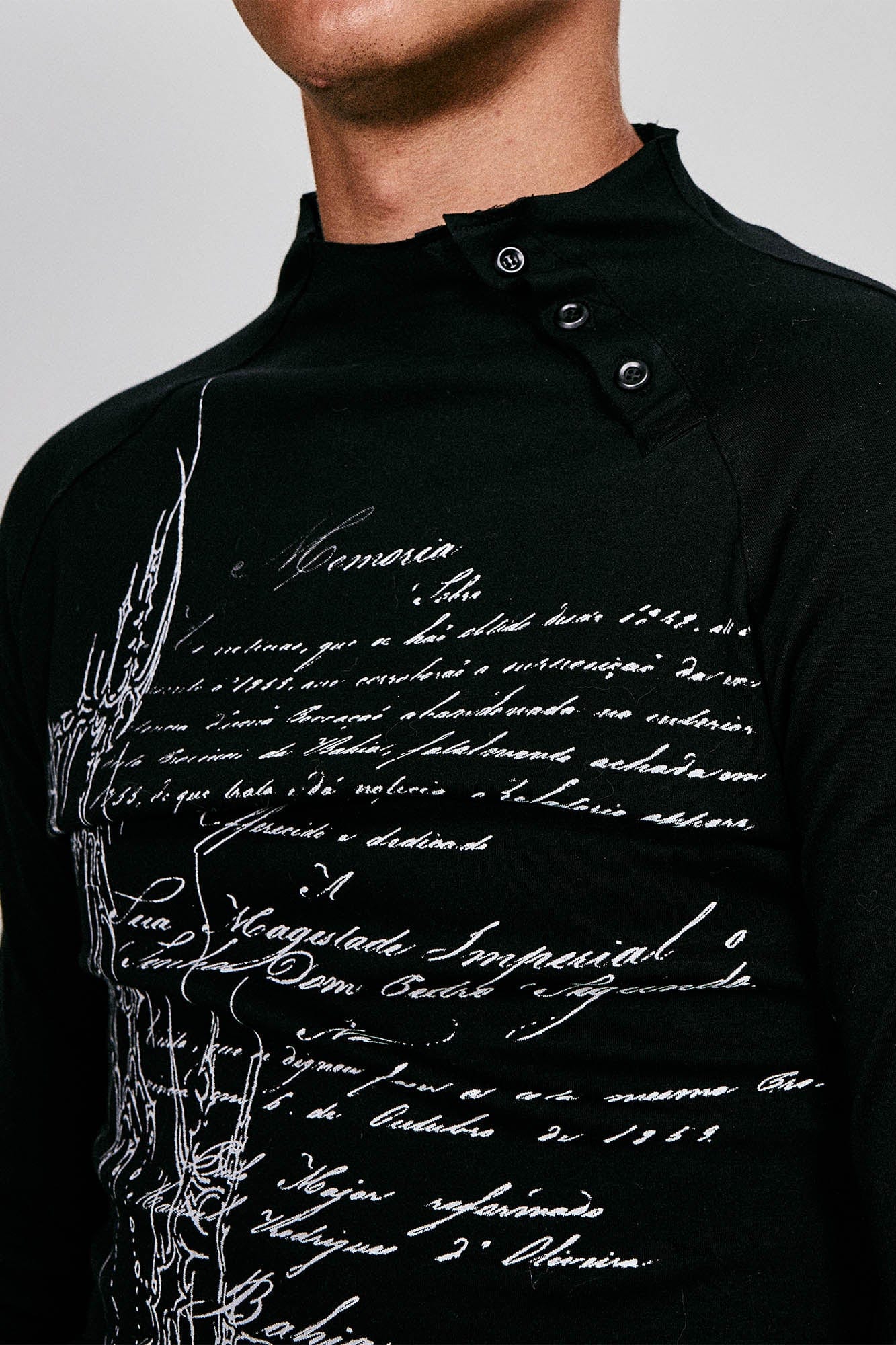 FLYERRER Gothic Script Graphic Asymmetrical Button Long-Sleeve Tee