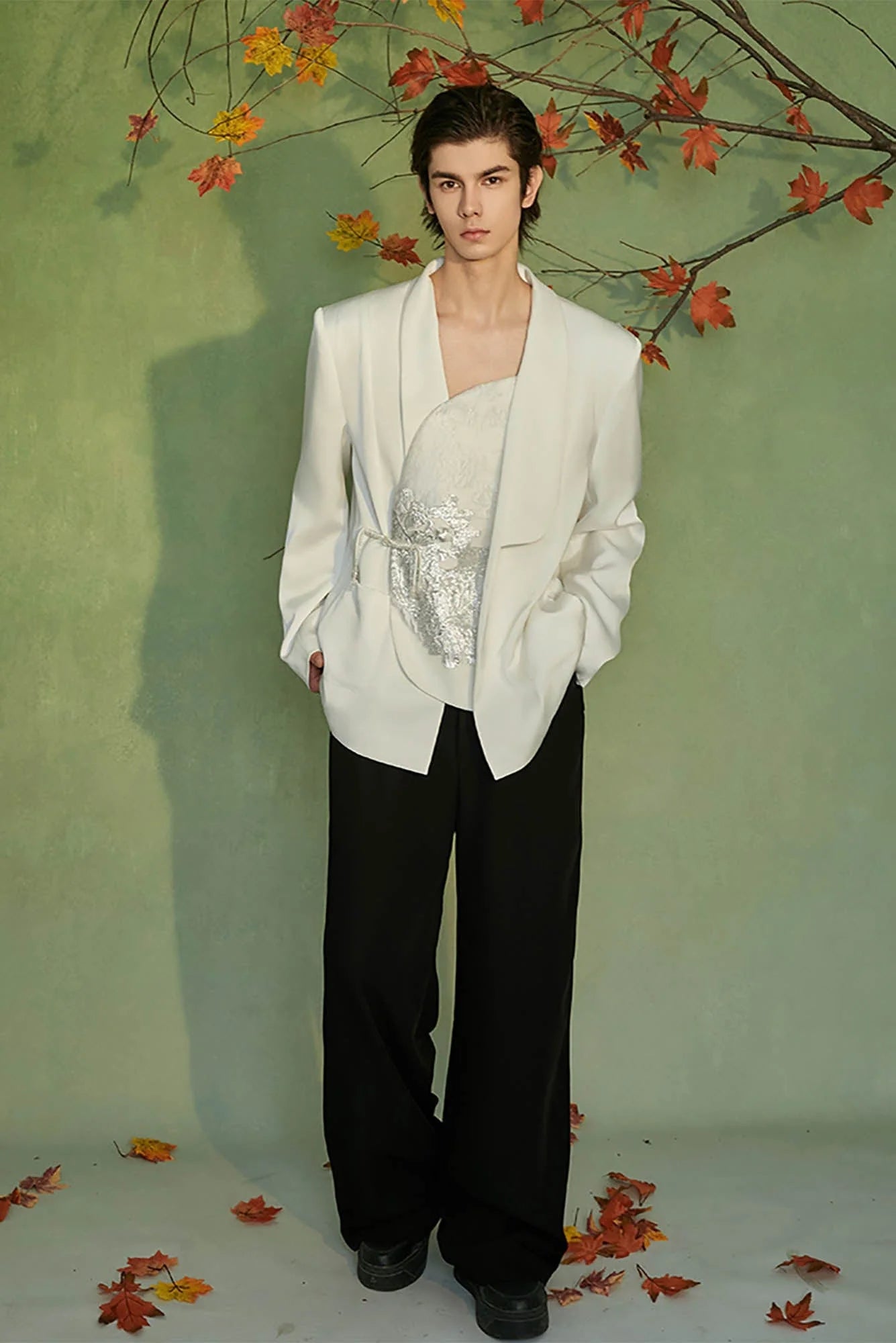 JIECHI Asymmetrical Curved Placket Jacquard Blazer
