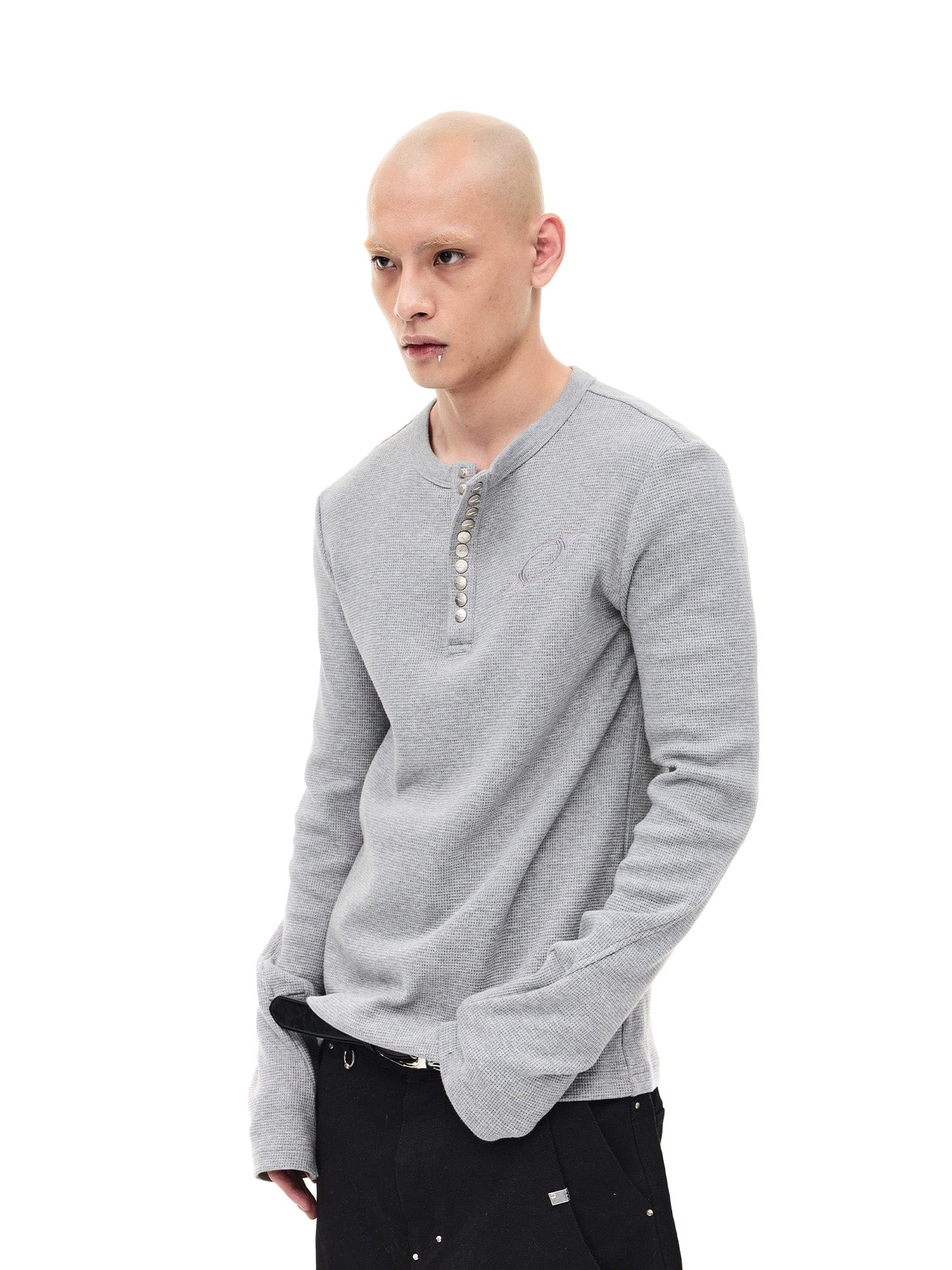 WHISTLEHUNTER Waffle-Knit Snap Henley Long-Sleeve Tee