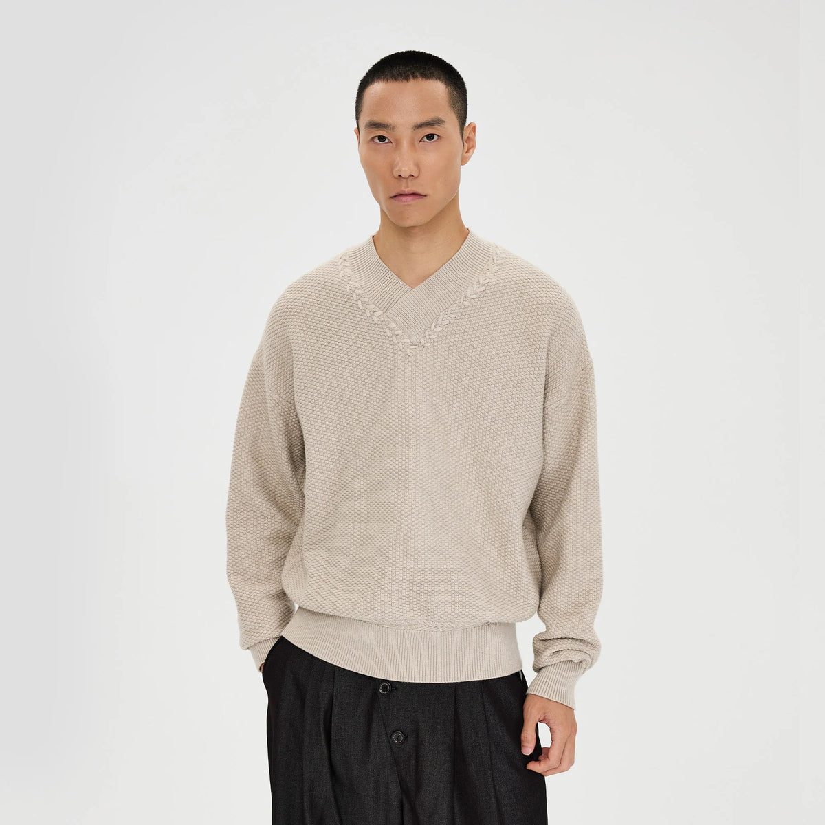 CATSSTAC Wheat-Weave V-Neck Oversized Sweater