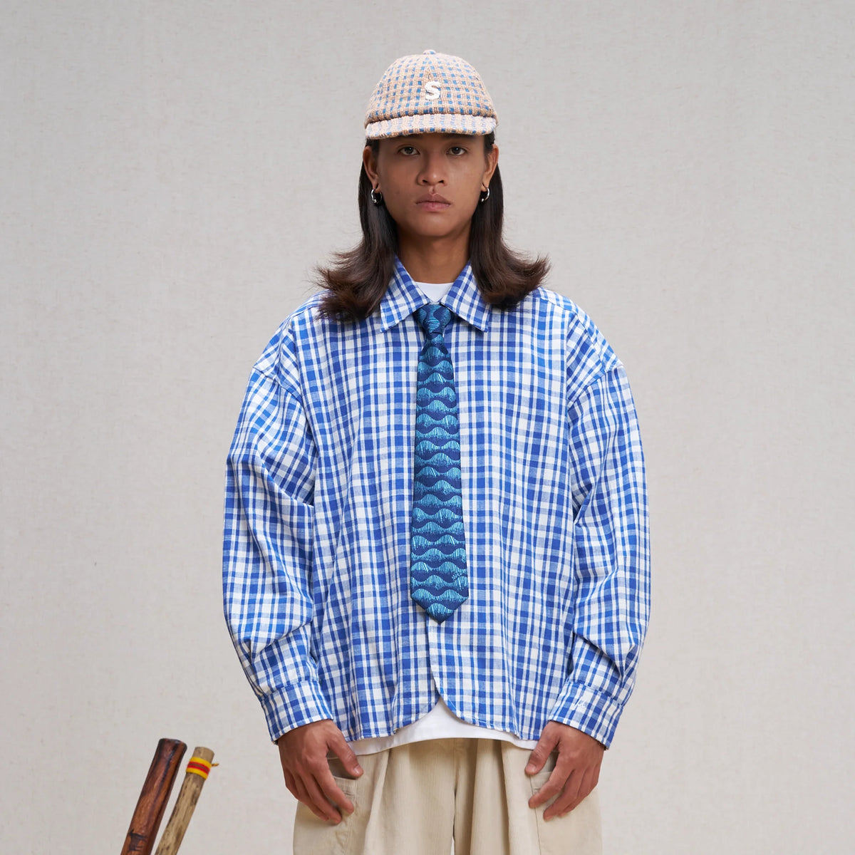 UNLIMITED MOTE Plaid Linen-Blend Half-Open Collar Shirt Blue