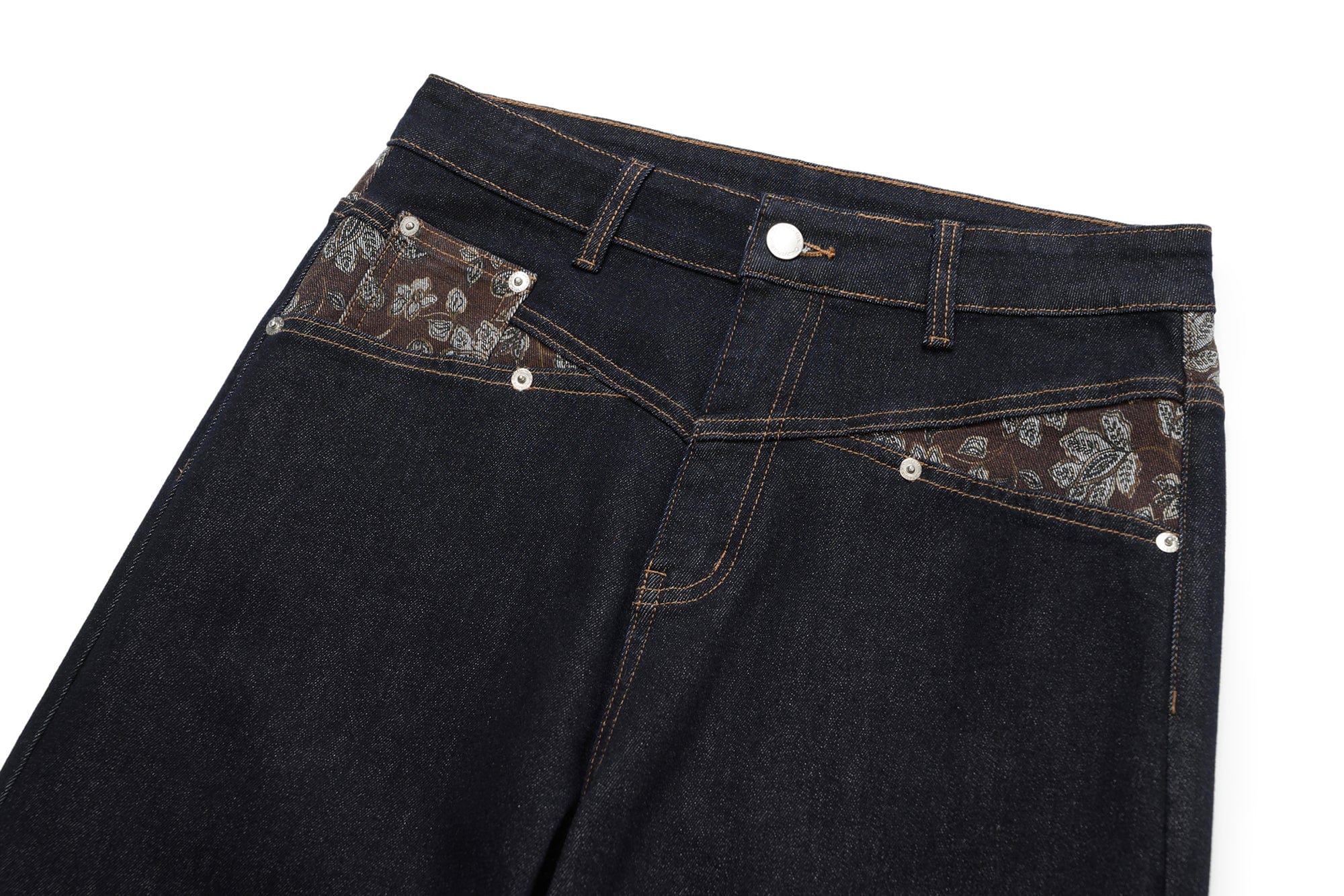 OKAYTHXBYE Floral Paneled Waist Raw Jeans