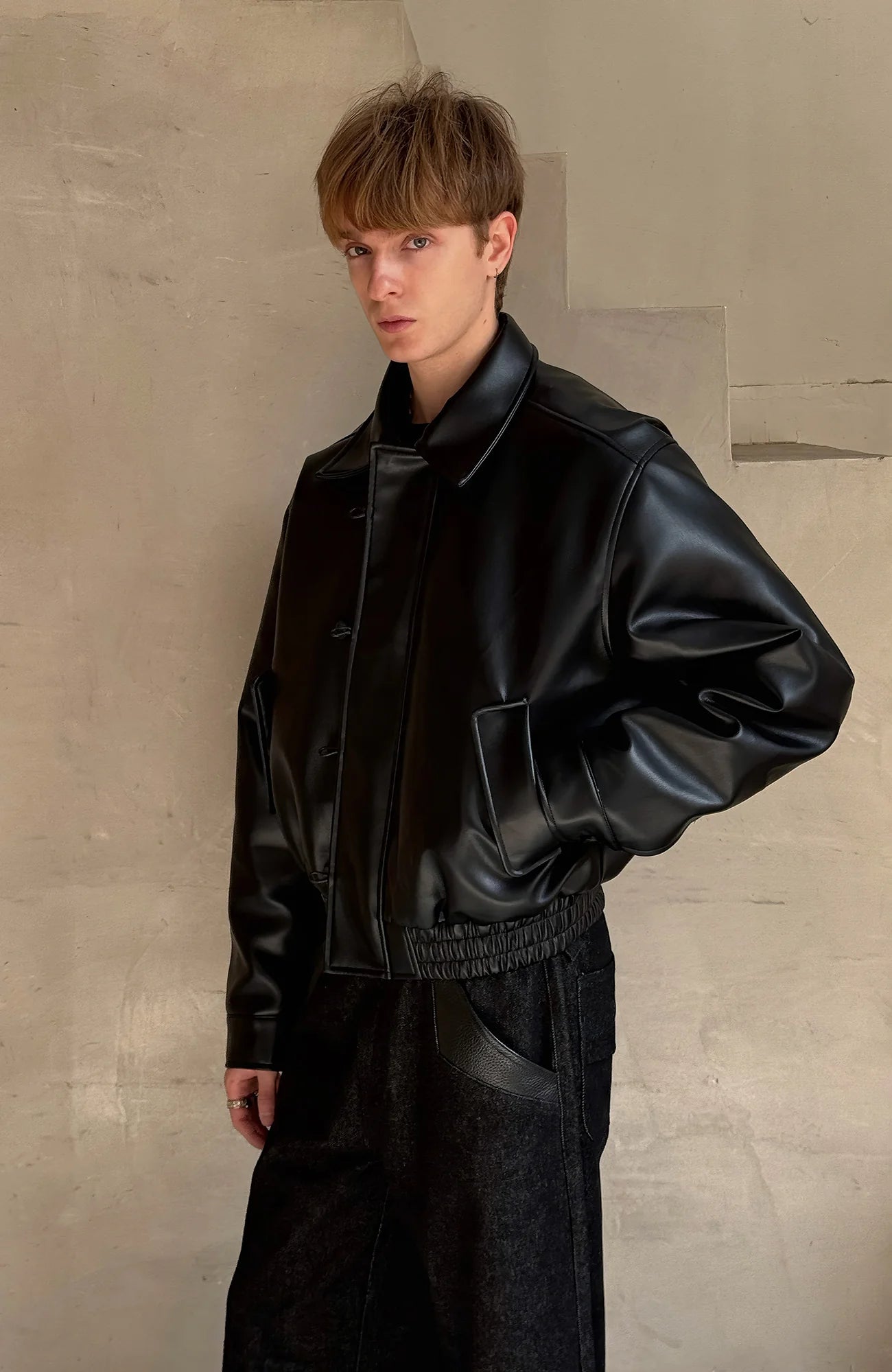 ESAIAS Retro Button-Up Faux Leather Puffer Jacket