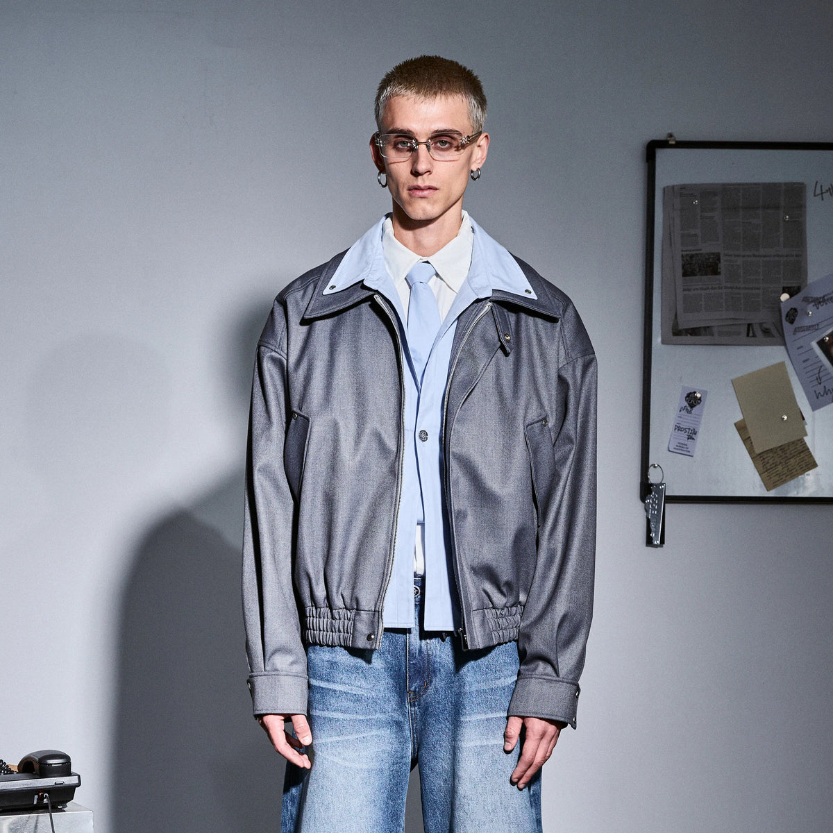 455EMBLE Double-Layered Stand-Collar Jacket