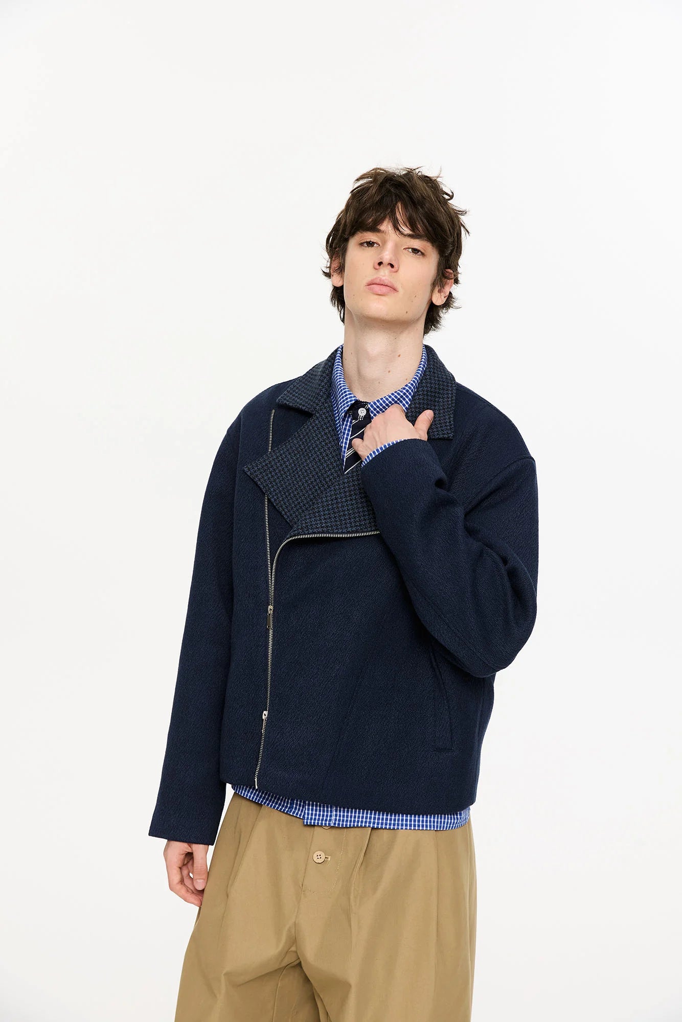KREATE Houndstooth Wool-Blend Moto Jacket