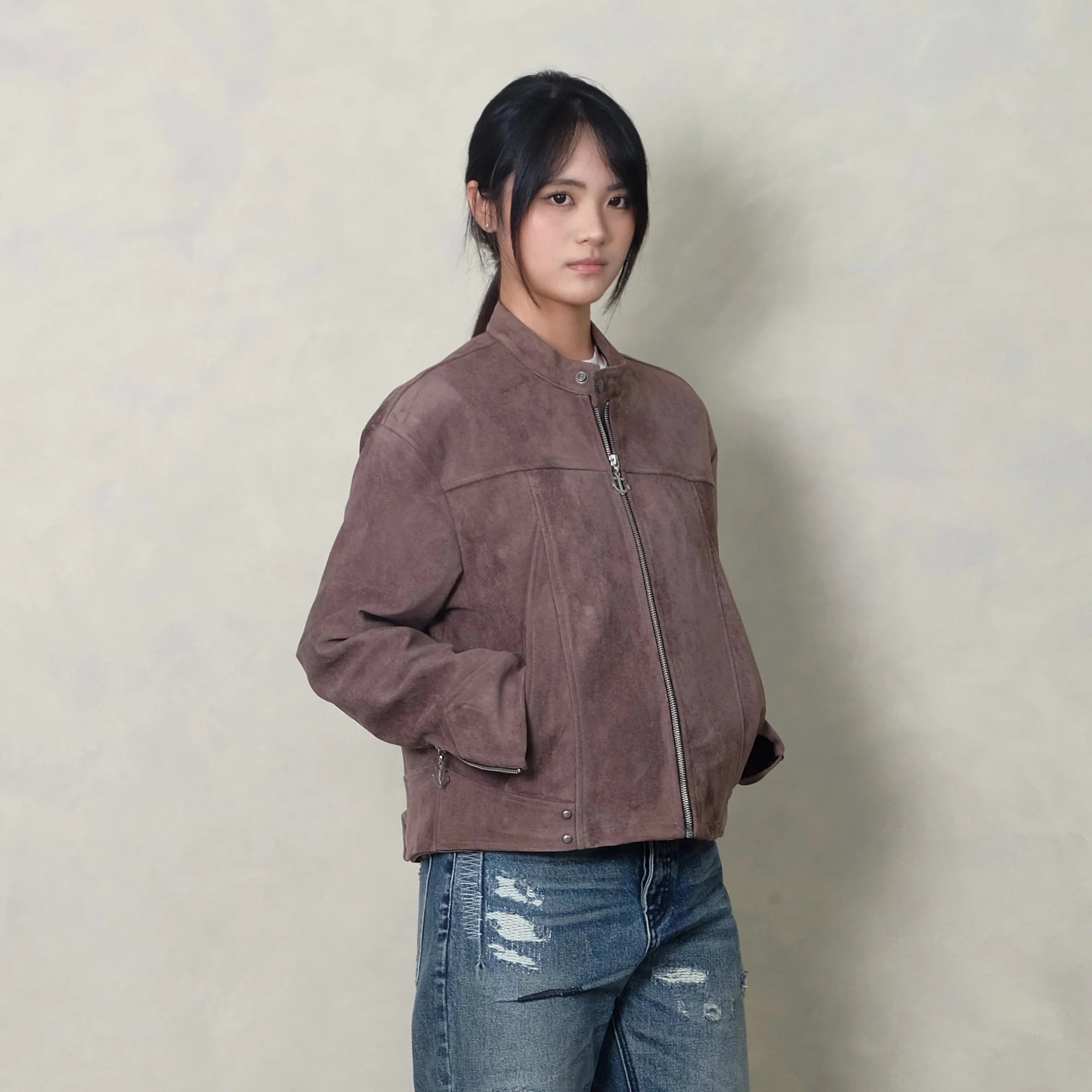 IN EXISTENCE Paneled Faux Suede Rivet Biker Jacket