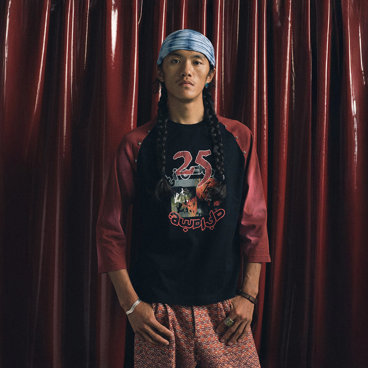 TRECLUB Studded Raglan Graphic 3/4 Sleeve Tee