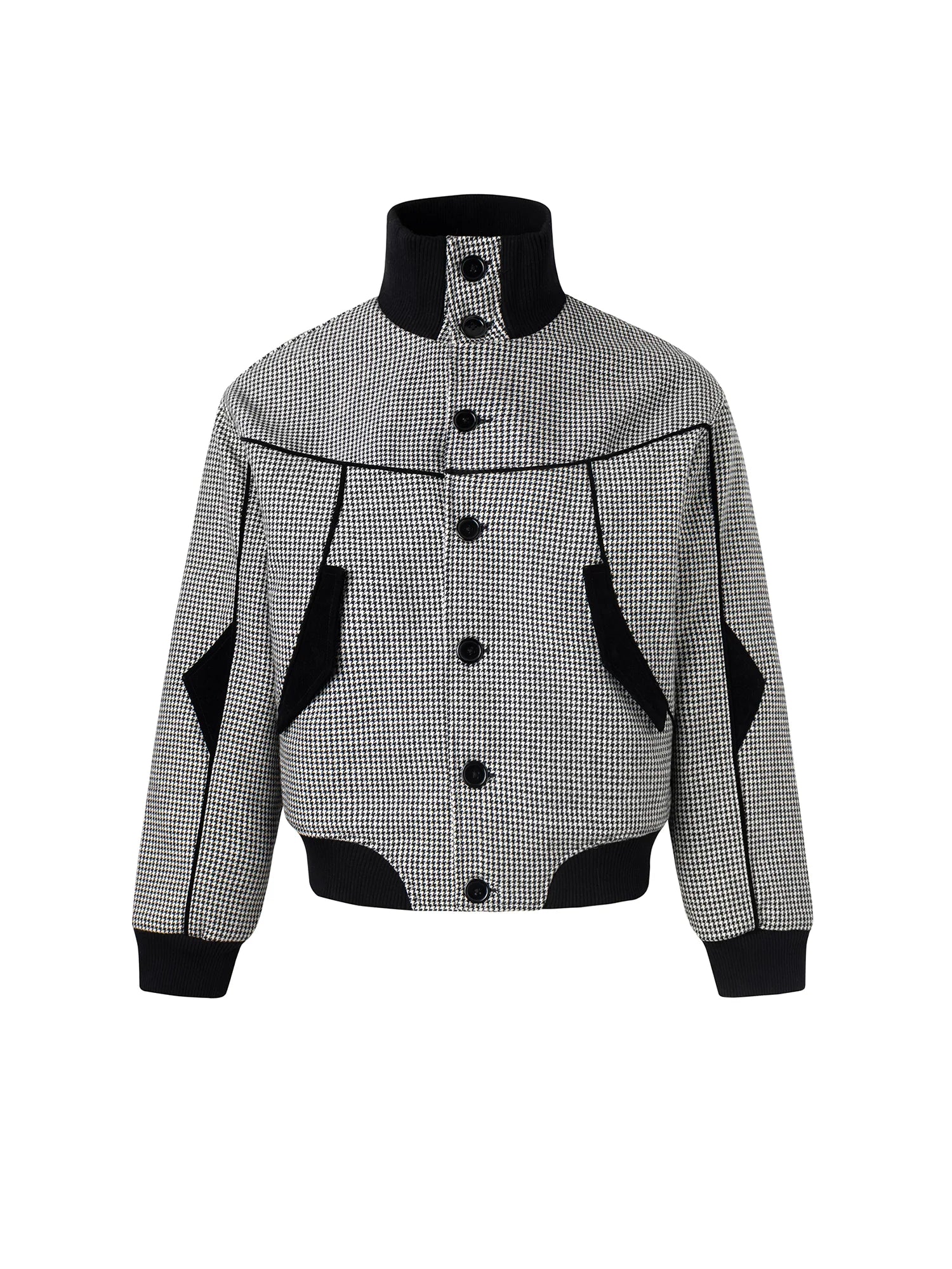 ESAIAS Houndstooth Panel Stand Collar Wool-Blend Jacket