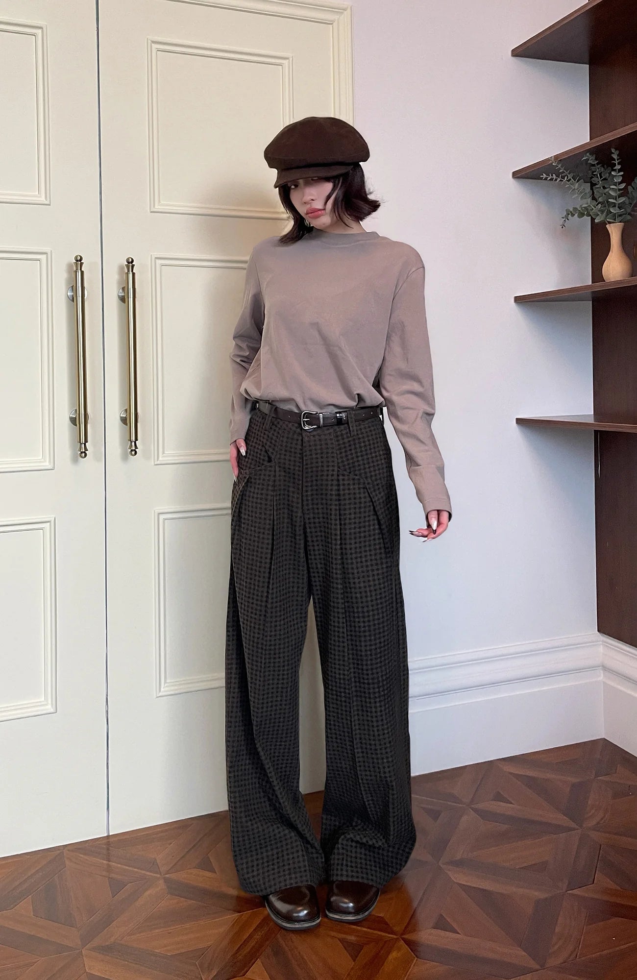 OKAYTHXBYE Retro Checks Double-Pleated Trousers