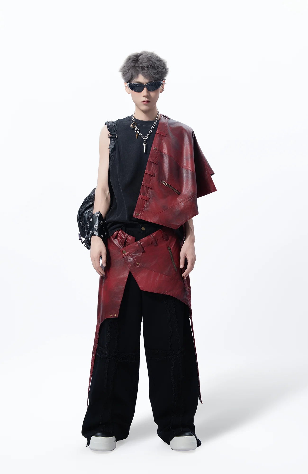 MOGONGSHE Detachable PU Drape  Frayed Cross Jeans