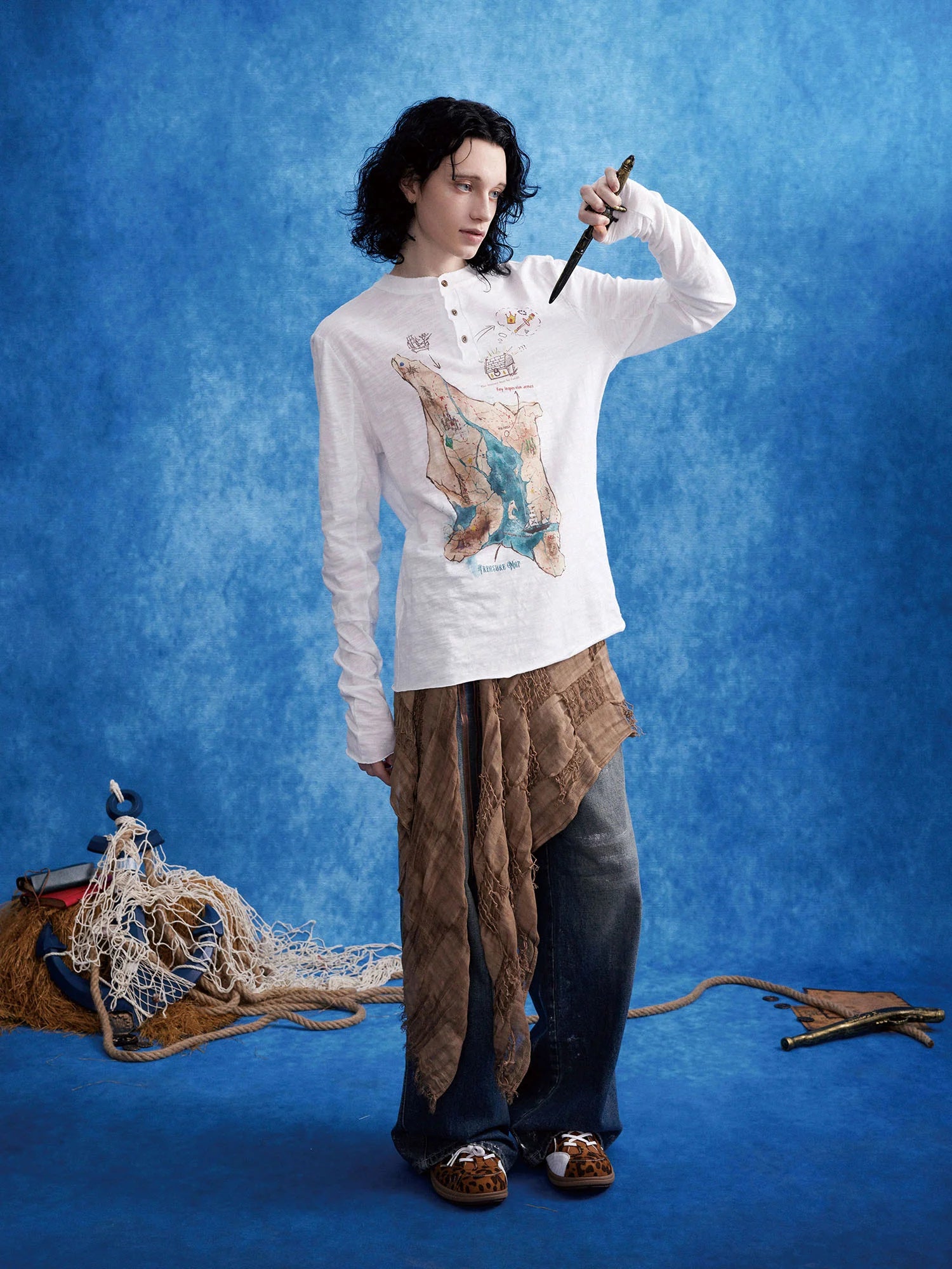 OIPWORD Treasure Map Henley Long-Sleeve Tee
