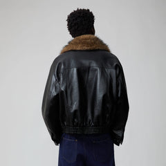 OPICLOTH Detachable Faux Fur-Collar PU Bomber