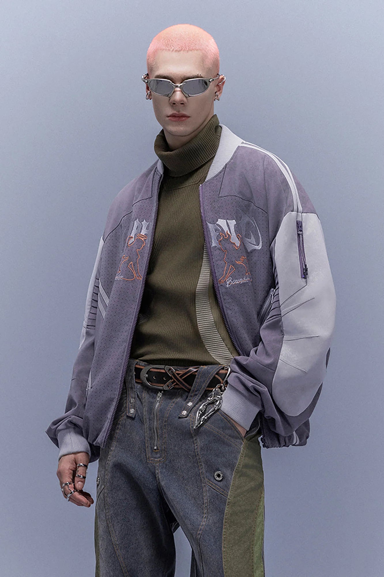 XIPHEVIL Faux Suede Embroidered LOGO Bomber Purple