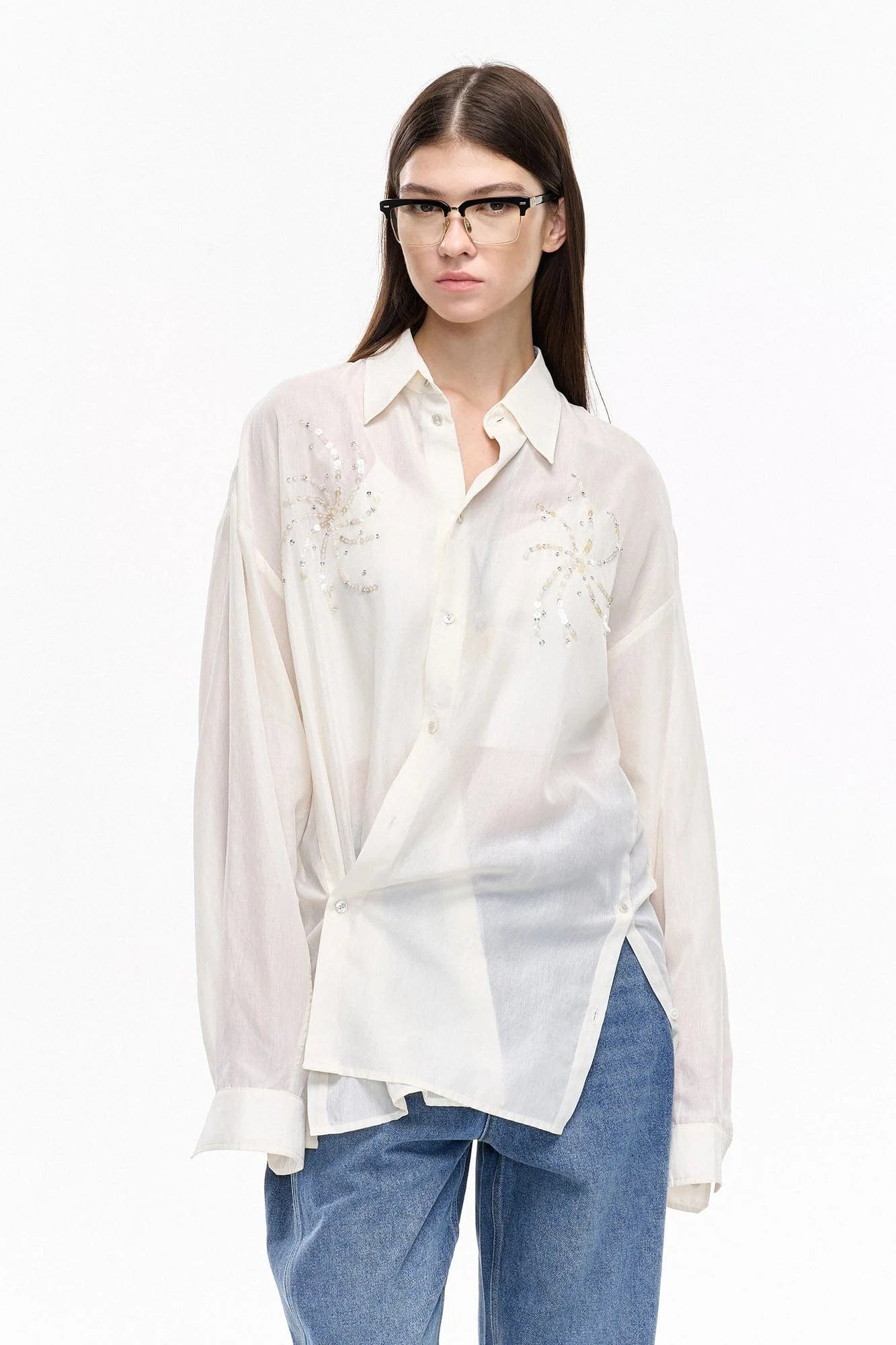 LEONSENSE Firework Embroidered Sequin Sheer Tencel Shirt