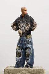DND4DES Full-Printed Leopard Distressed Baggy Jeans