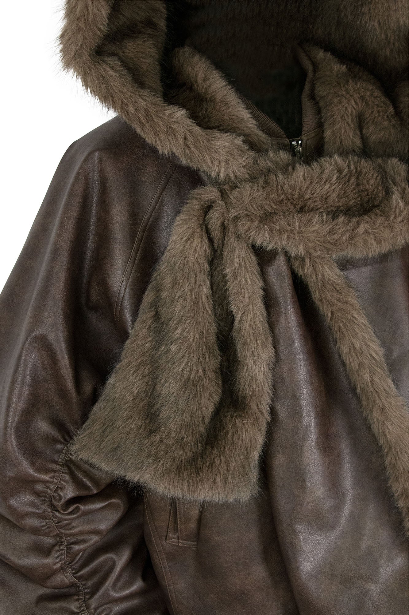 RELABEL Detachable Plush Scarf Ruched Hooded Jacket Brown