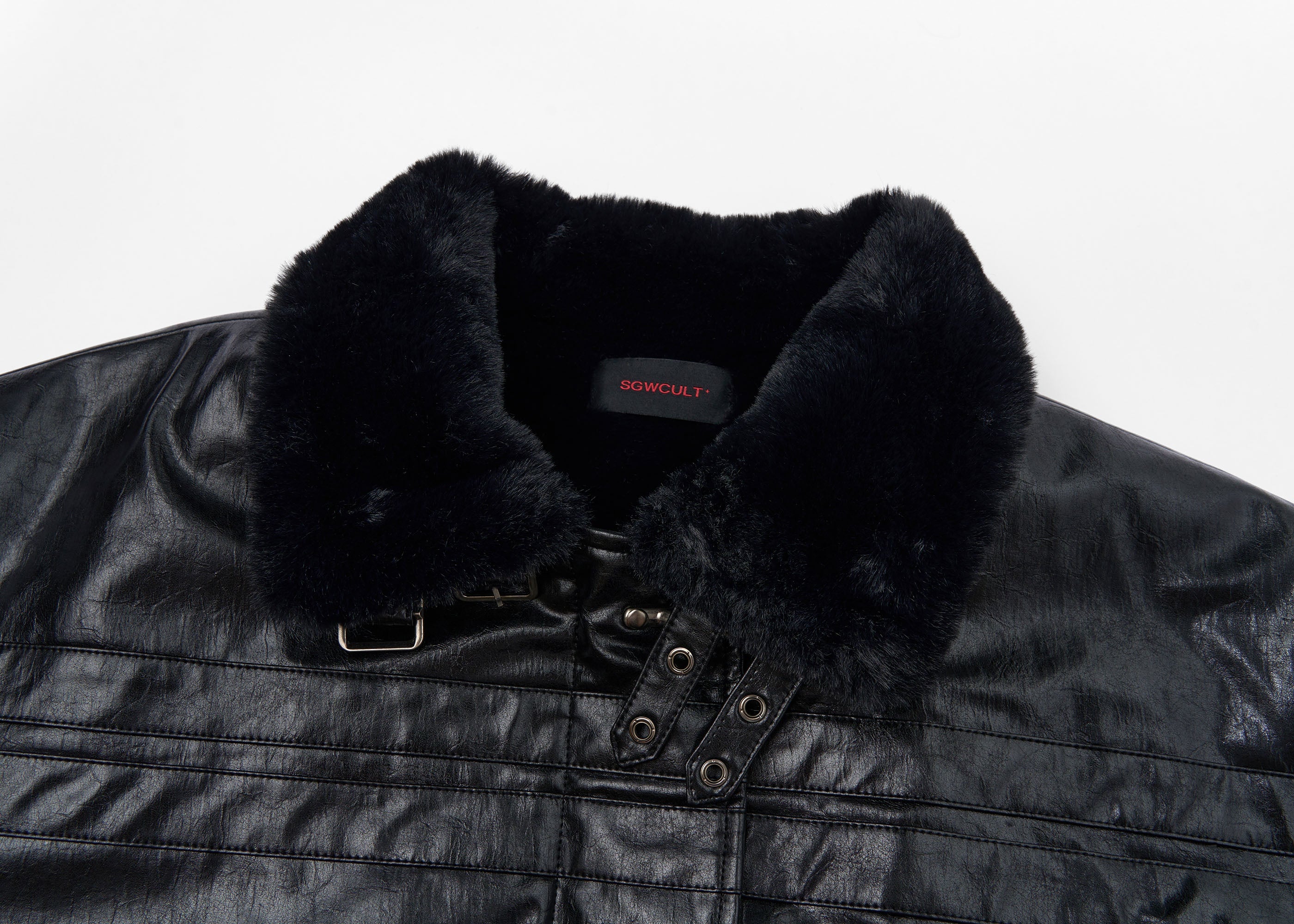 SAVAGEGROWTHWORLD Hook Buckle Faux Leather Puffer Jacket
