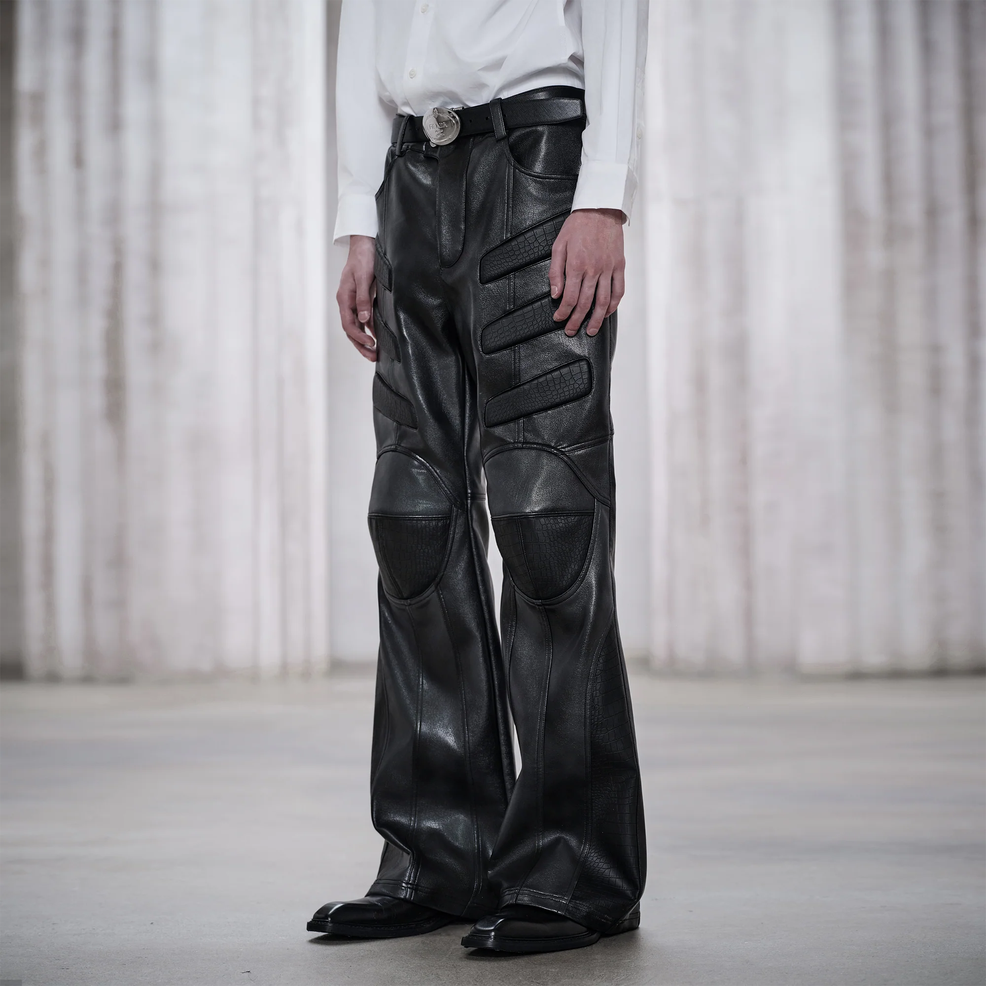 FACEONLAB Panel Armored Faux Leather Biker Pants Black