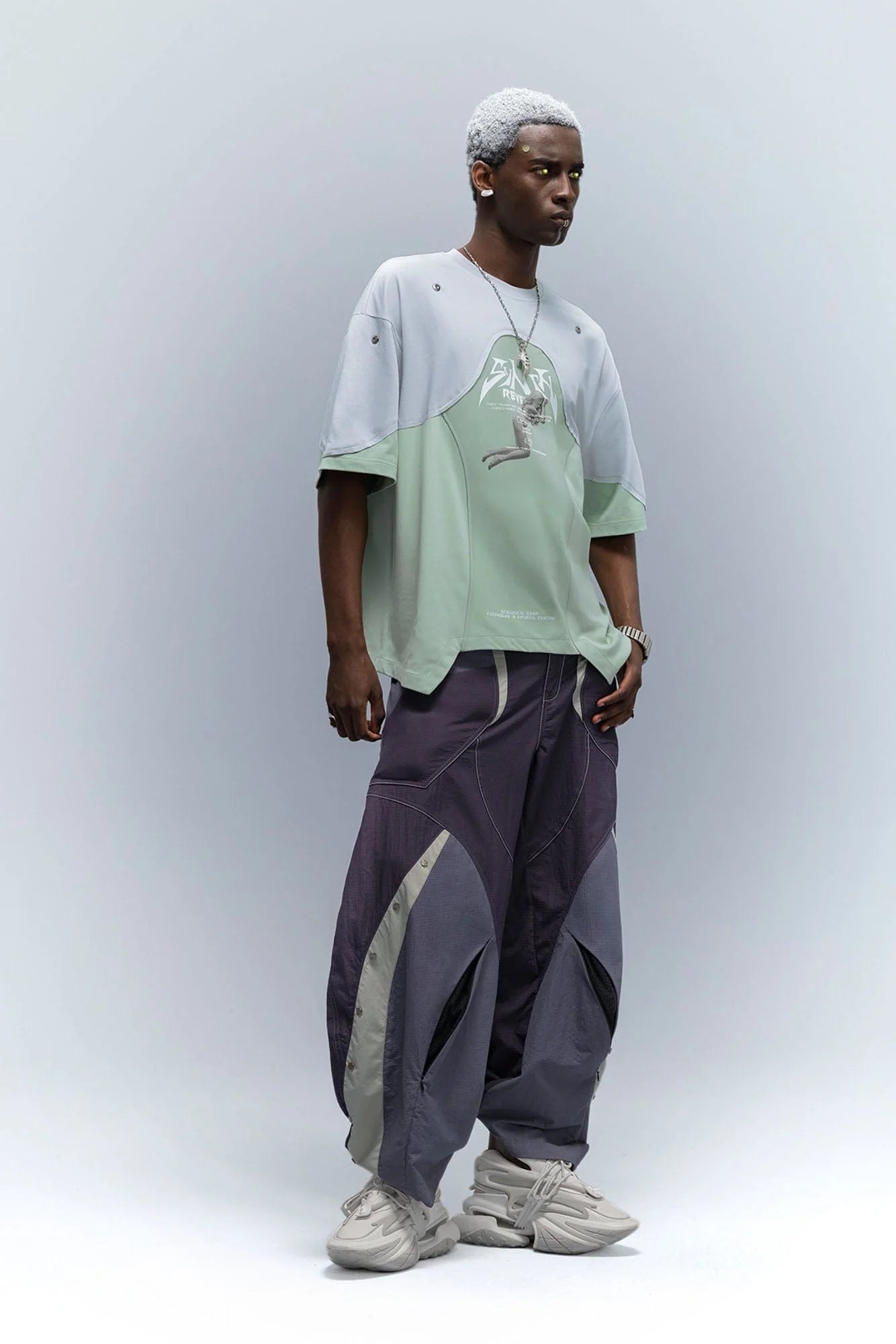 XIPHEVIL Deconstructed Contrast Panel Utility Curved Pants
