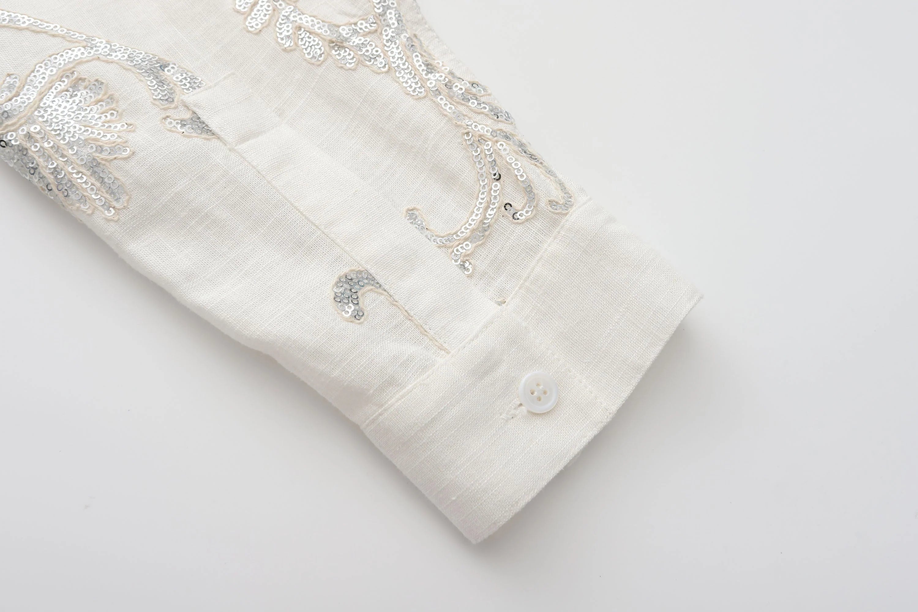 ORAL UTOPIA Ornate Sequin Embroidered Linen-Blended Tie Shirt
